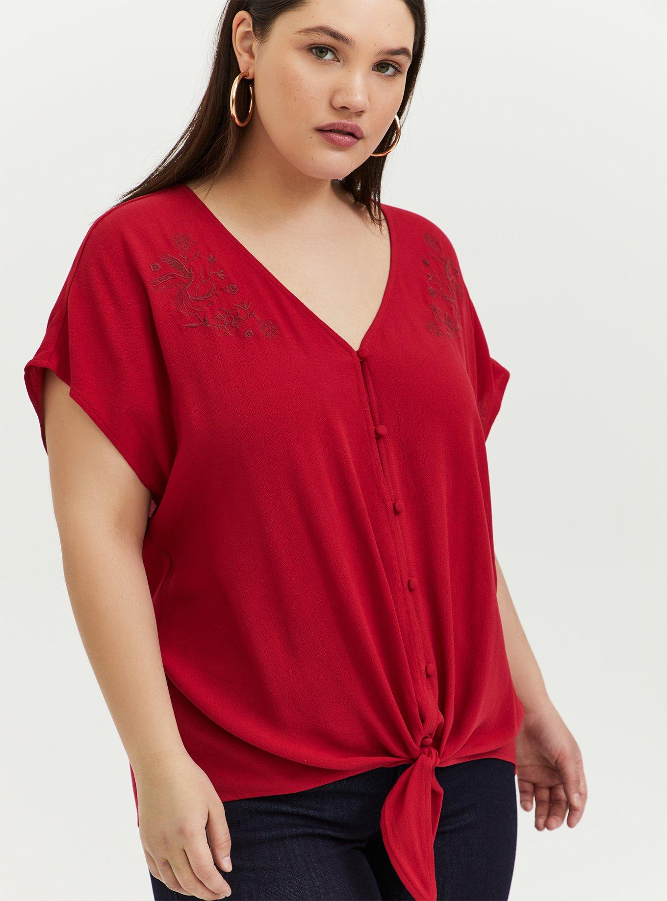Disney Mulan Red Crepe Embroidered Tie Front Top, JESTER RED, hi-res