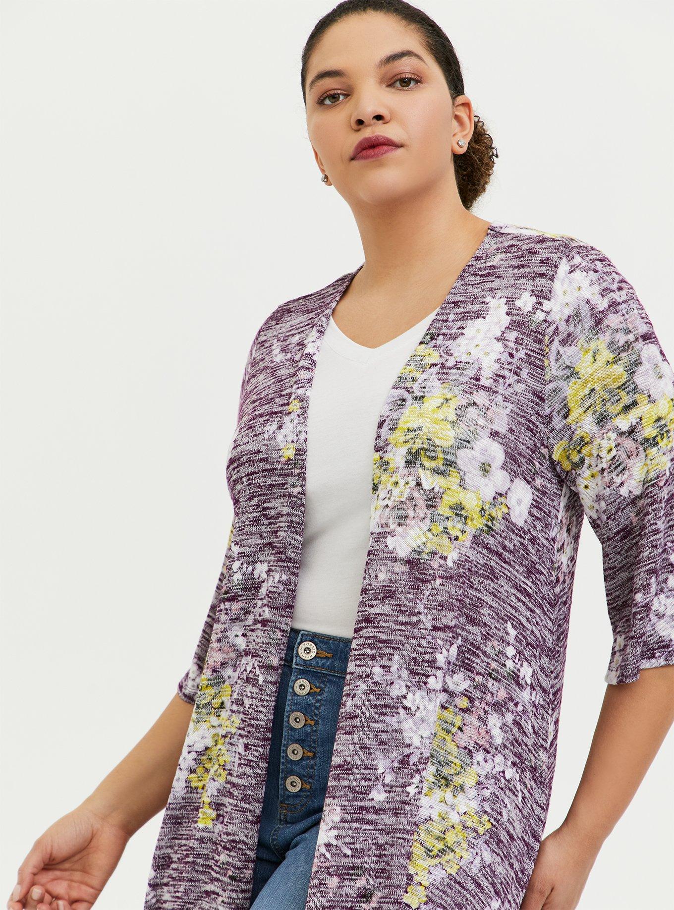 Plus Size Kimono Hi-Low Duster, PURPLE FLORAL, alternate