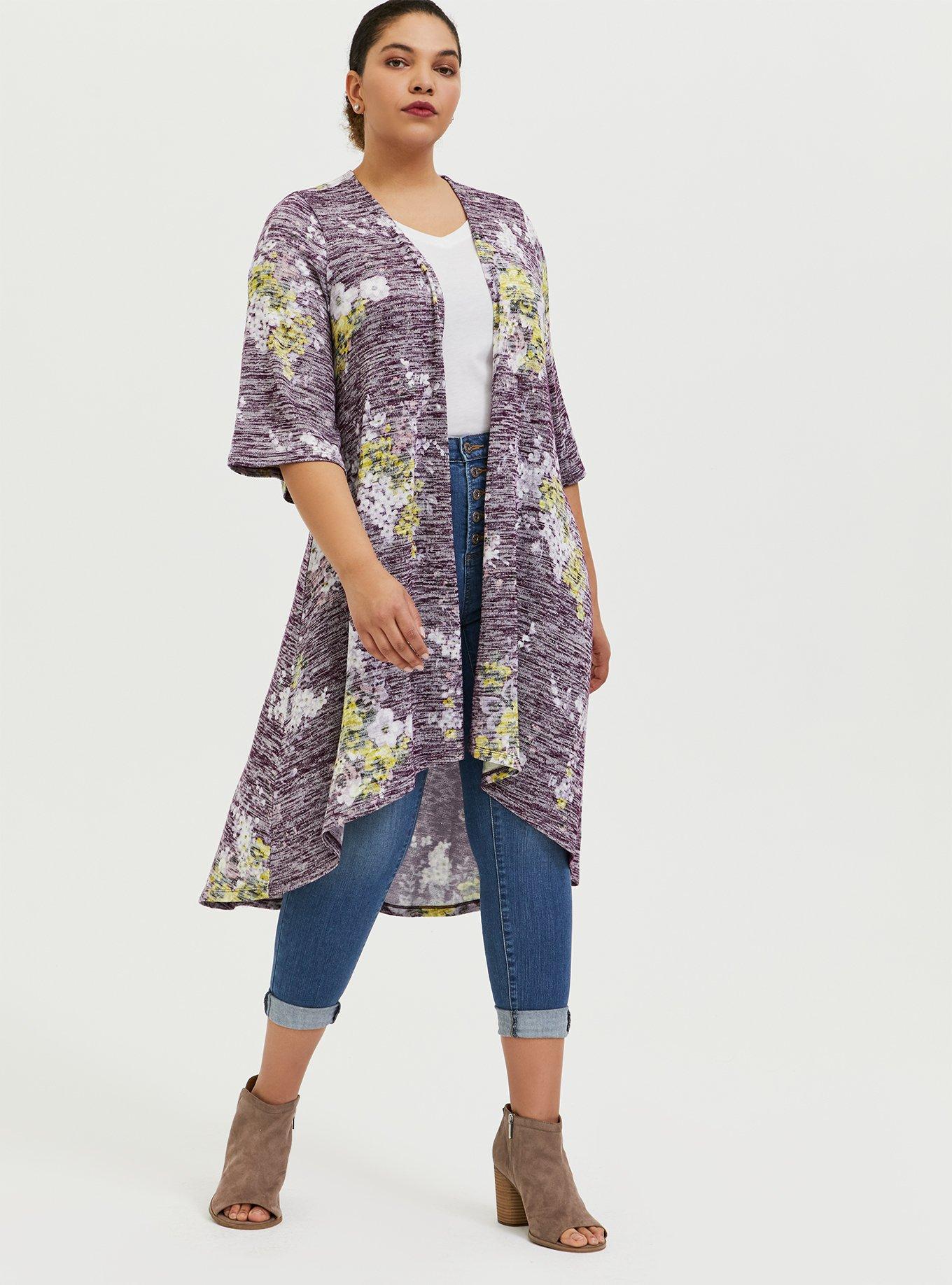 Plus Size Kimono Hi-Low Duster, PURPLE FLORAL, alternate