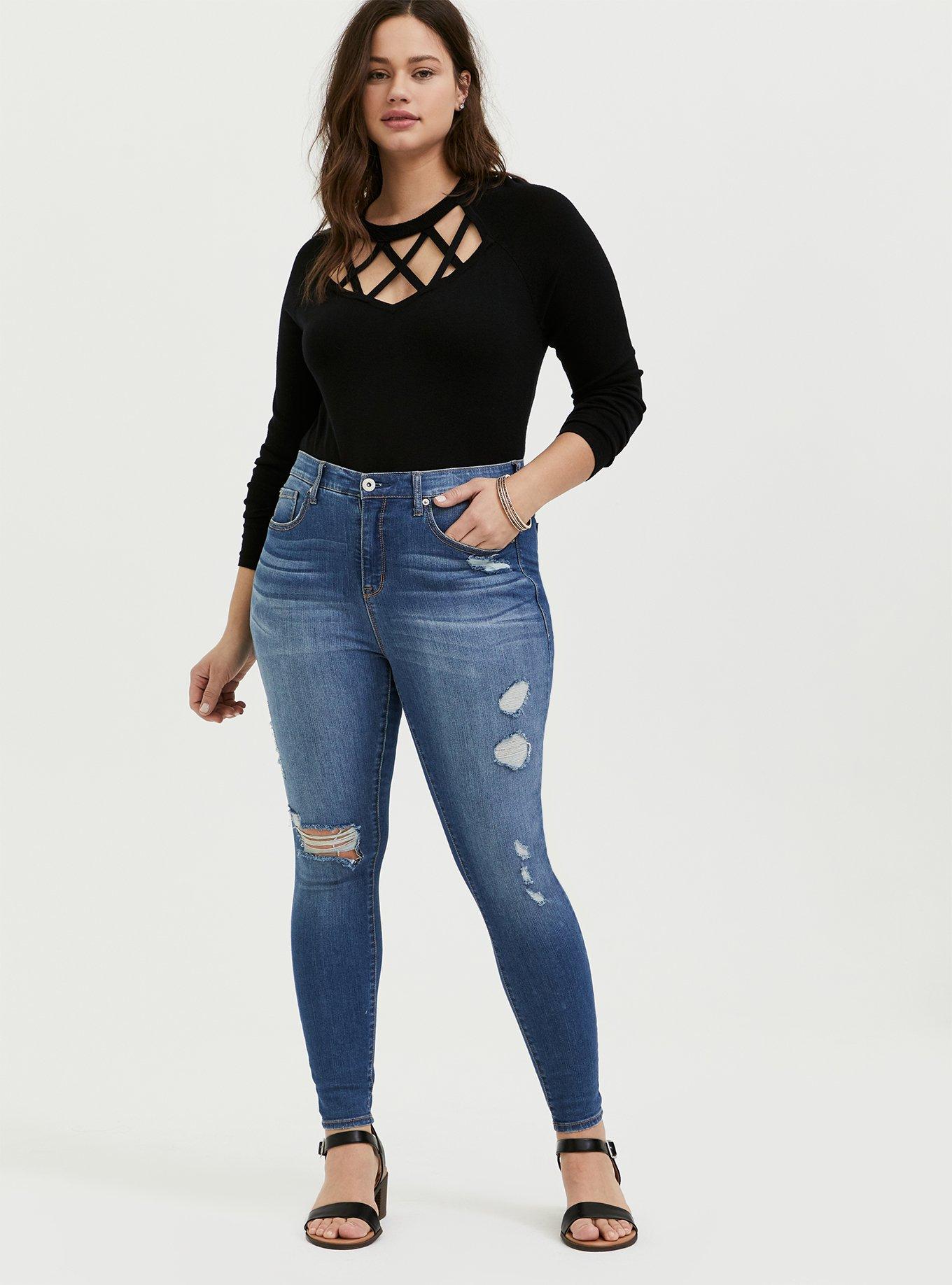 Plus Size Pullover Cage Front Sweater, BLACK, alternate