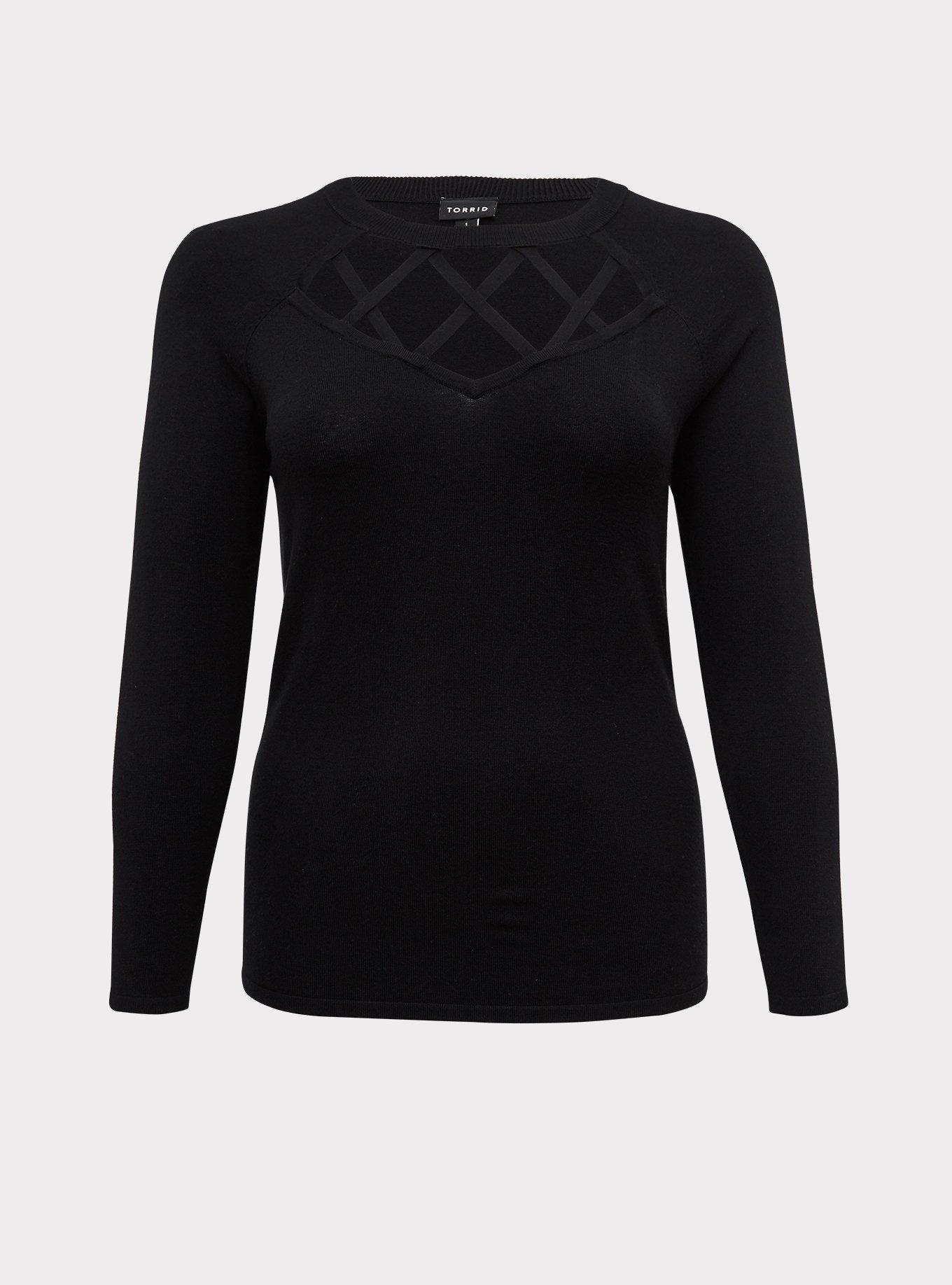 Plus Size Pullover Cage Front Sweater, BLACK, hi-res