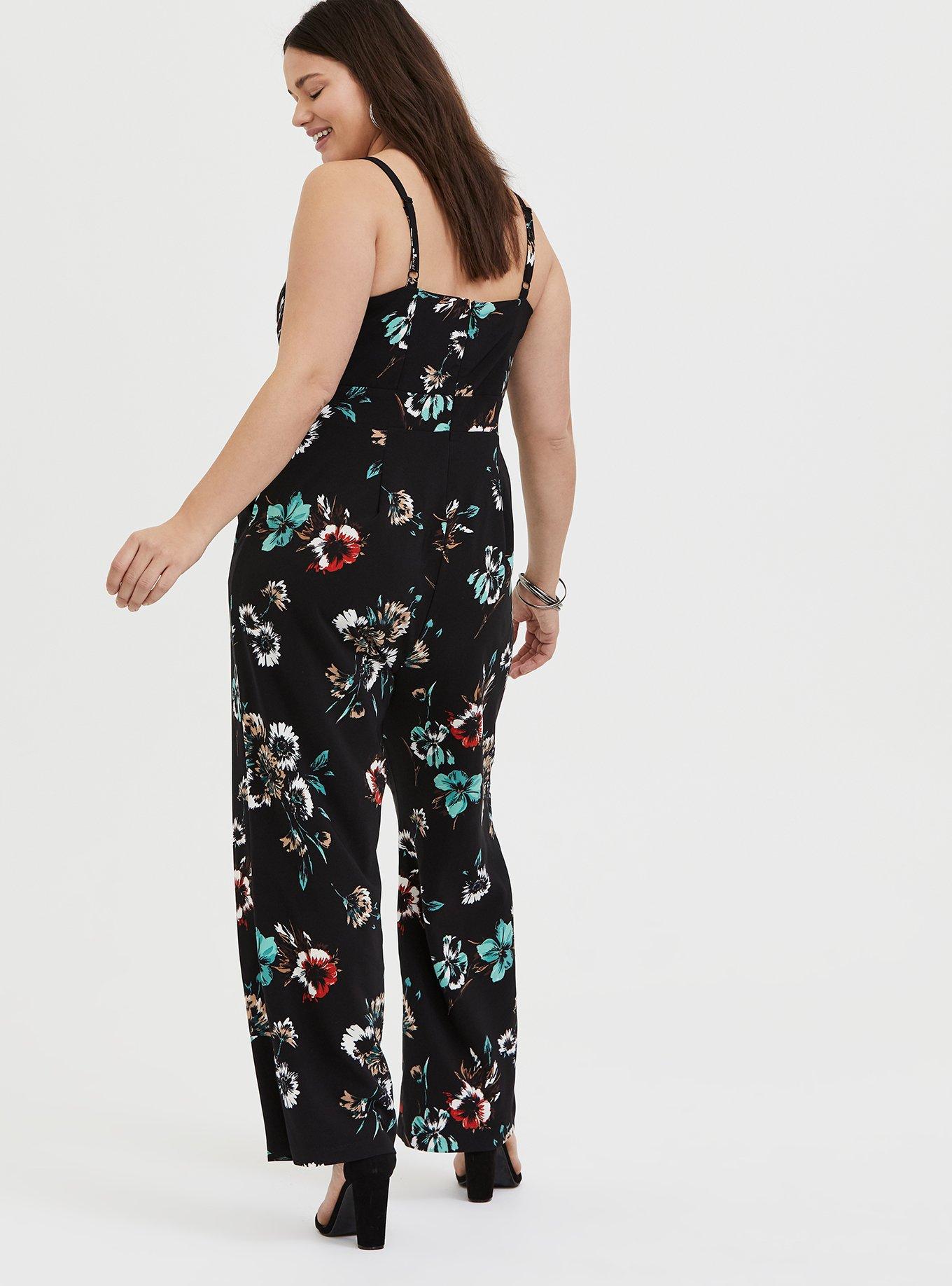 Plus Size - Black Floral Wide Leg Jumpsuit - Torrid