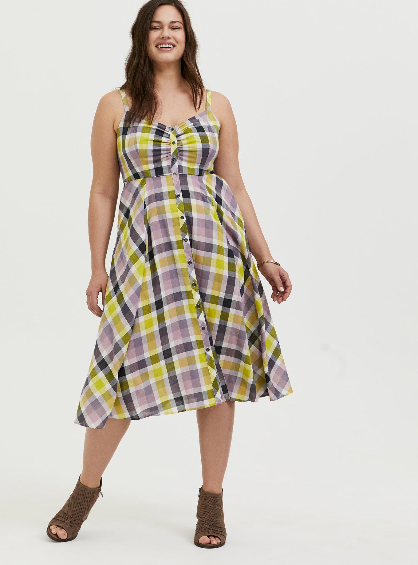 Plus Size Multi Plaid Challis Button Front Midi Dress Torrid
