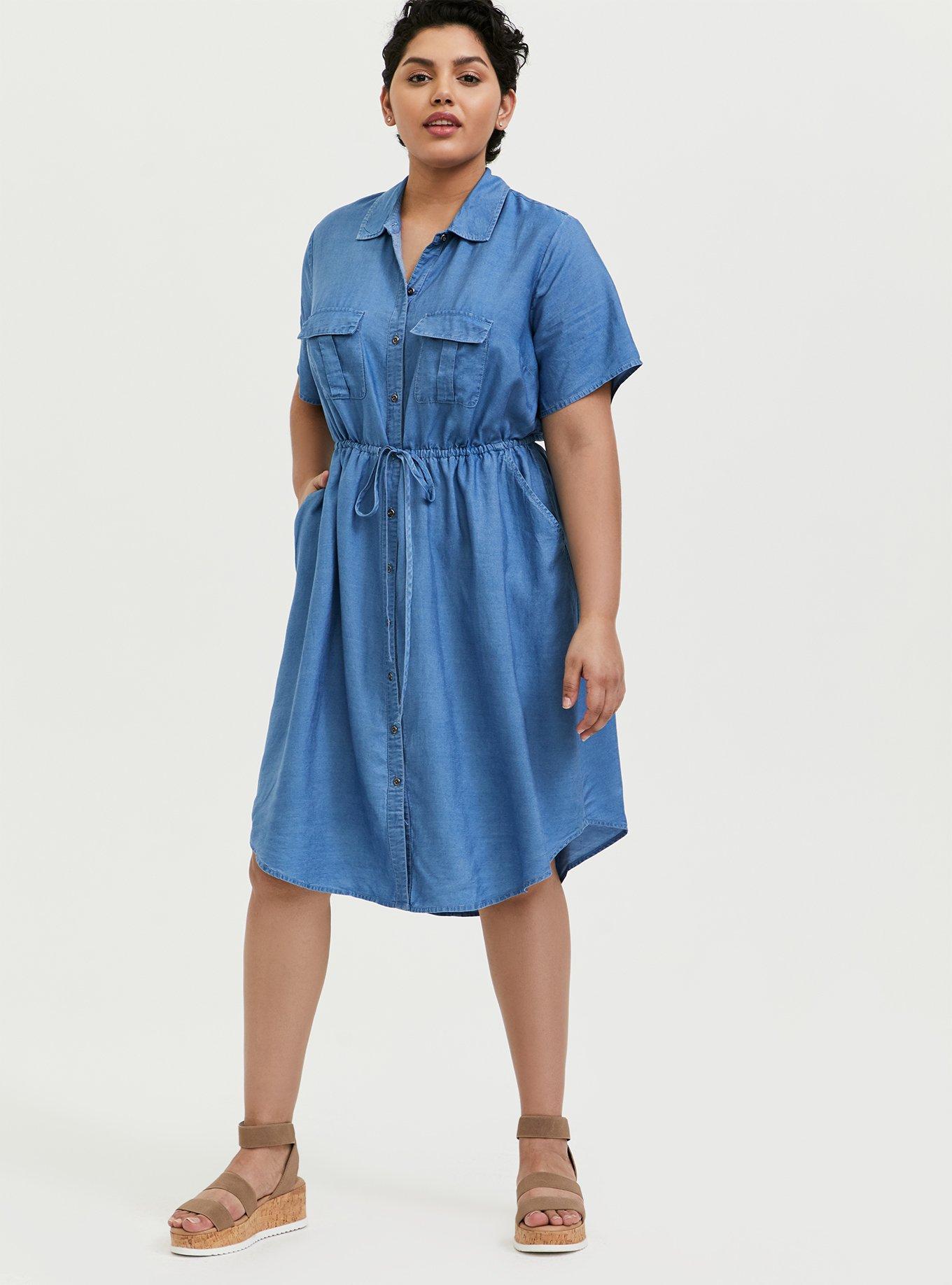 Blue Chambray Button Front Drawstring Shirt Dress, MEDIUM WASH, alternate