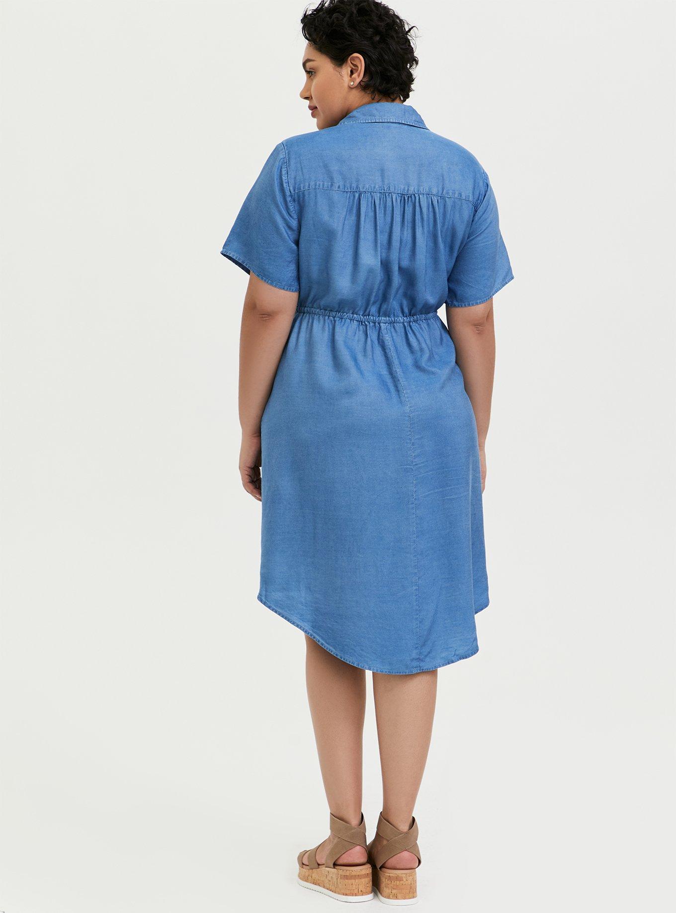 Plus Size - Blue Chambray Button Front Drawstring Shirt Dress - Torrid