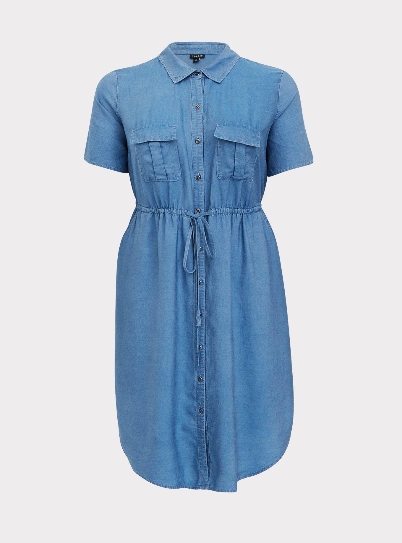 Plus Size - Blue Chambray Button Front Drawstring Shirt Dress - Torrid