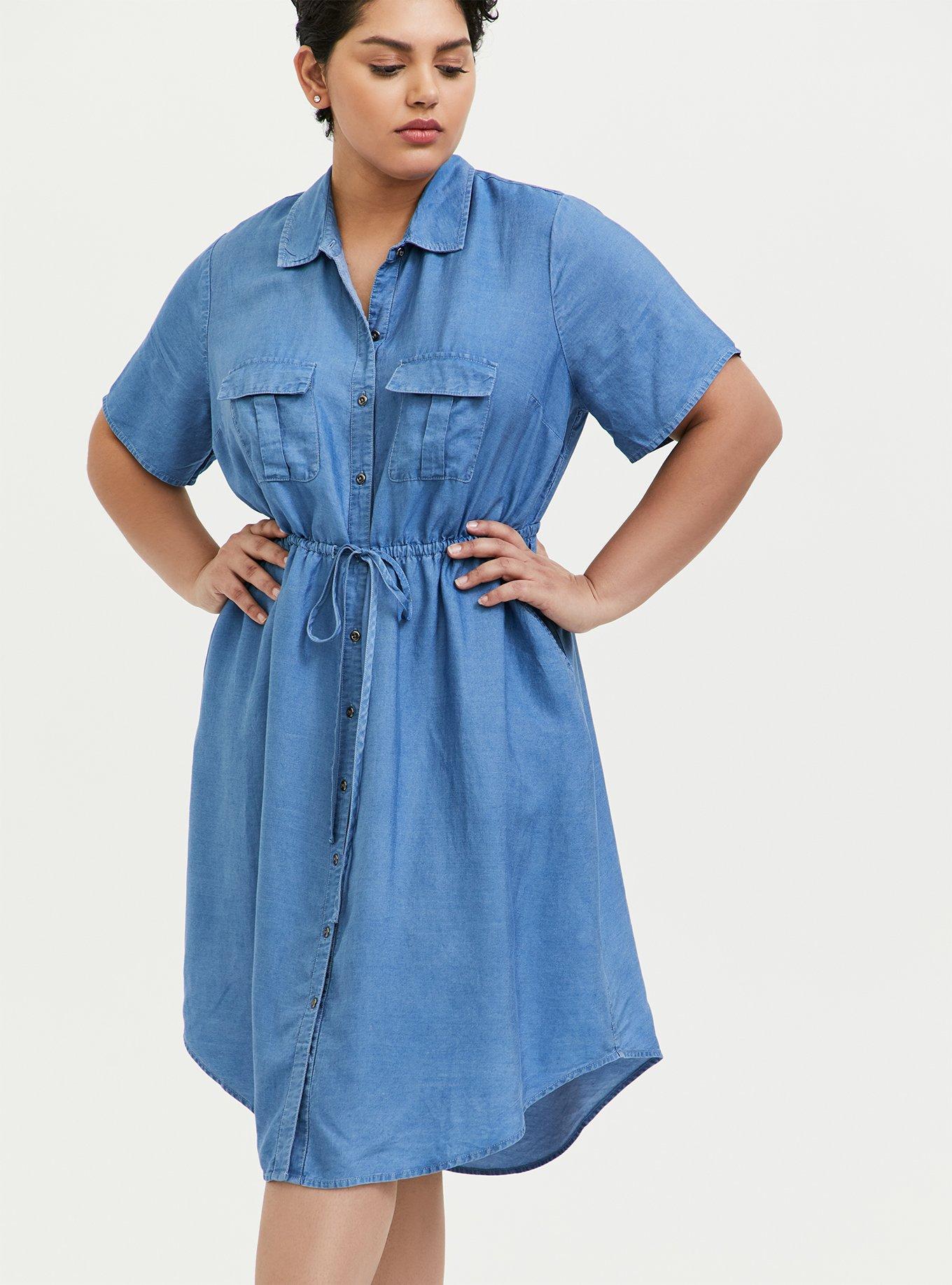 Fashion to Figure Chambray Strapless Button-Up High-Low Blouse