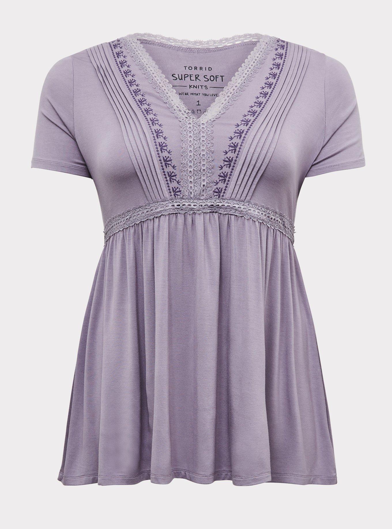 Plus Size Super Soft Slate Grey Embroidered Pintuck Babydoll Top, , hi-res