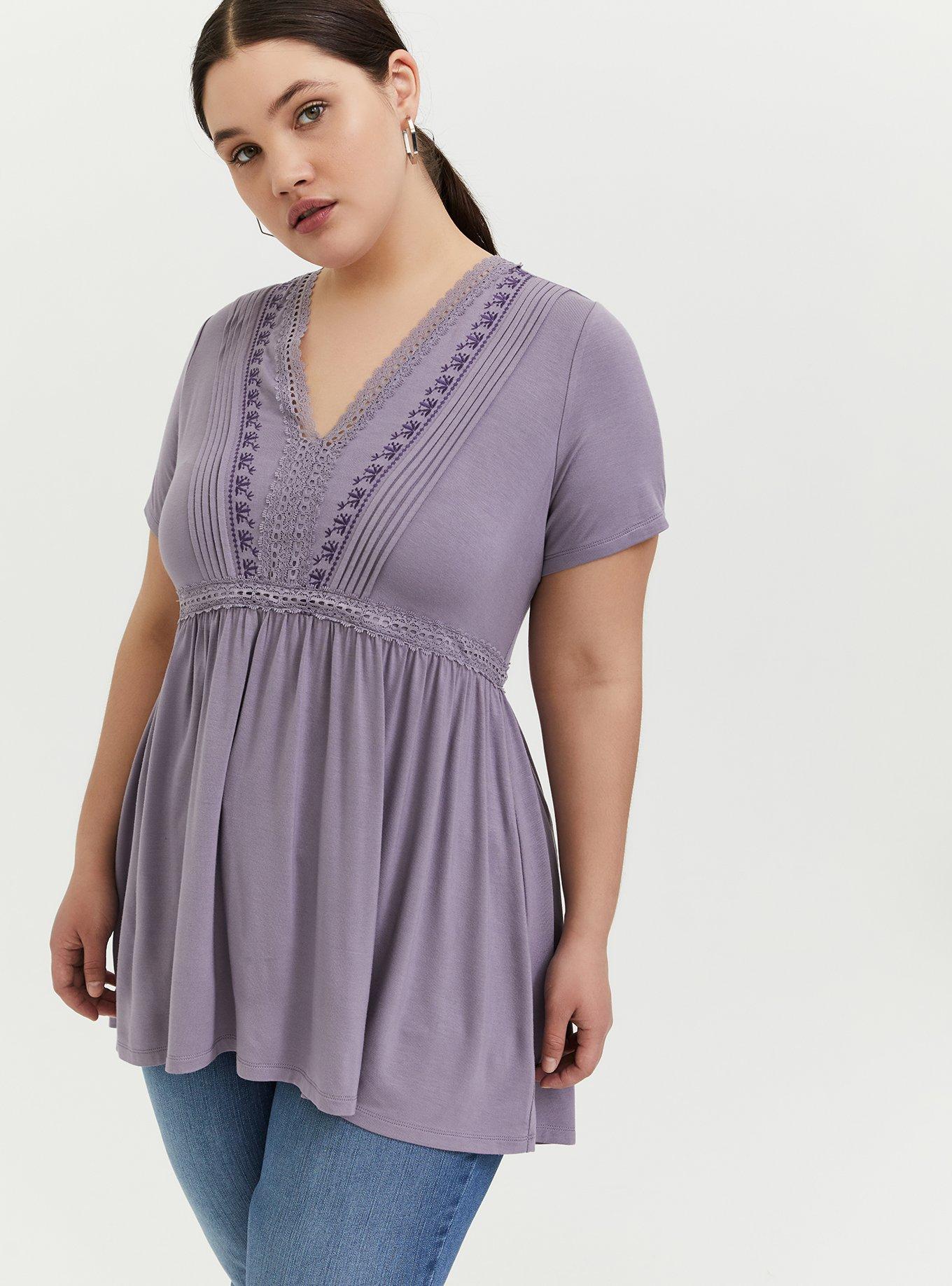 Plus Size Super Soft Slate Grey Embroidered Pintuck Babydoll Top, , hi-res