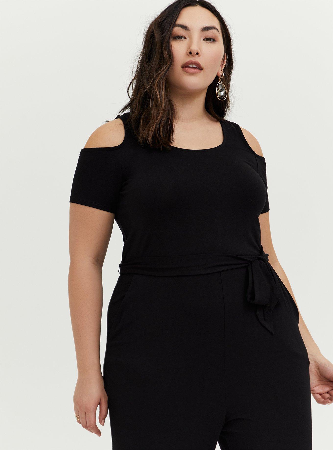 Black Jersey Self Tie Cold Shoulder Jumpsuit, DEEP BLACK, alternate