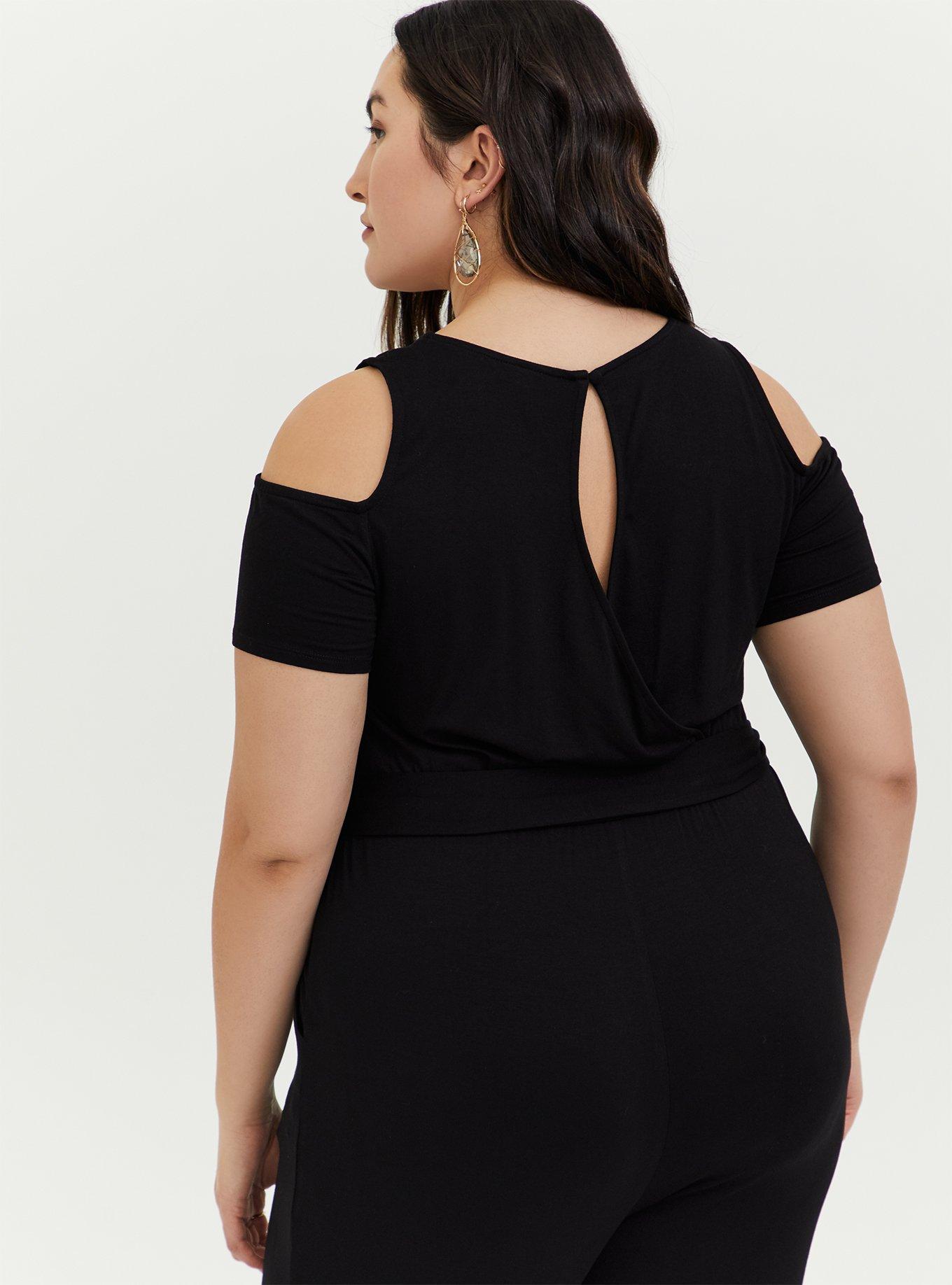 Black Jersey Self Tie Cold Shoulder Jumpsuit, DEEP BLACK, alternate