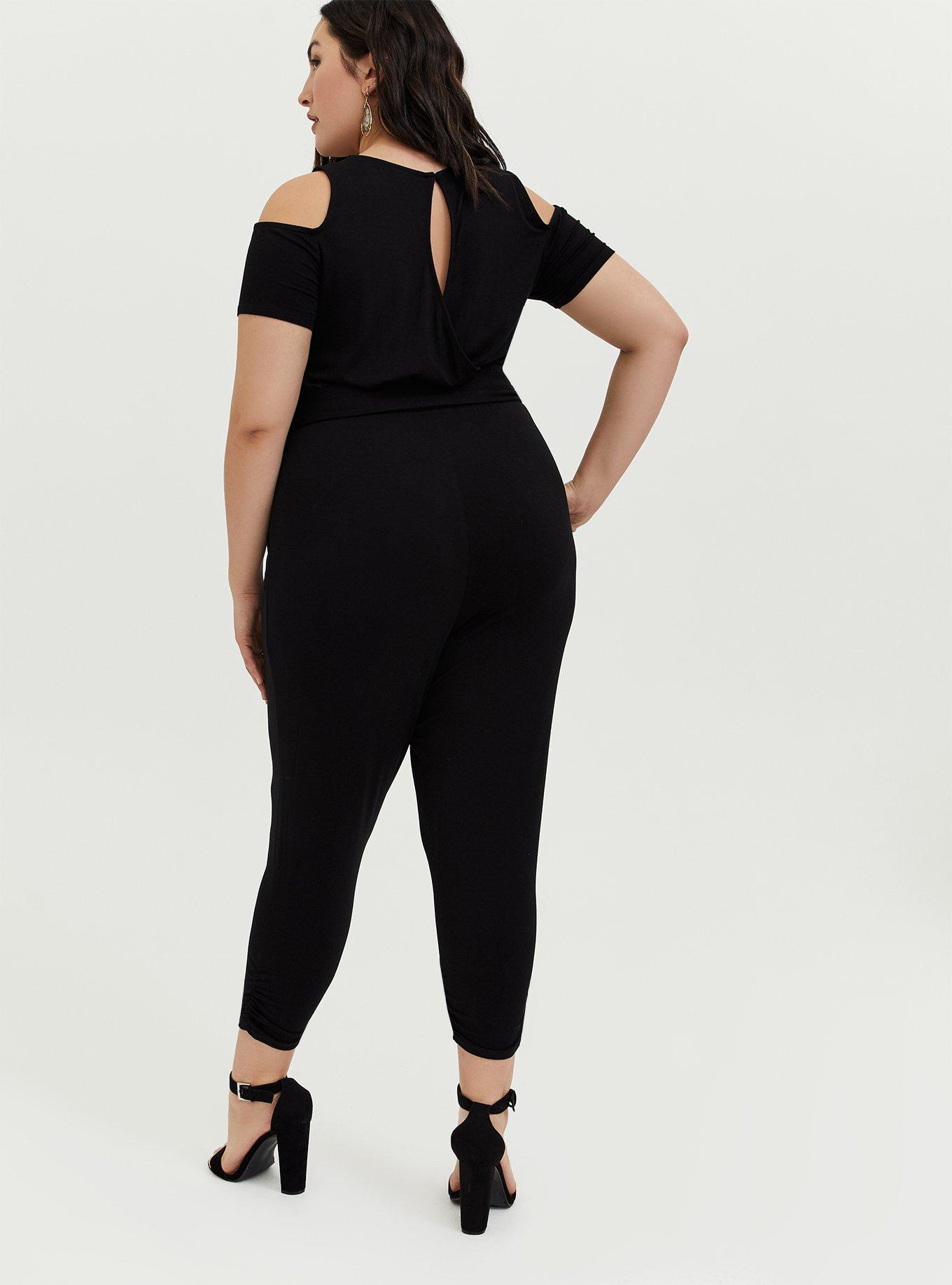 Black Jersey Self Tie Cold Shoulder Jumpsuit, DEEP BLACK, alternate