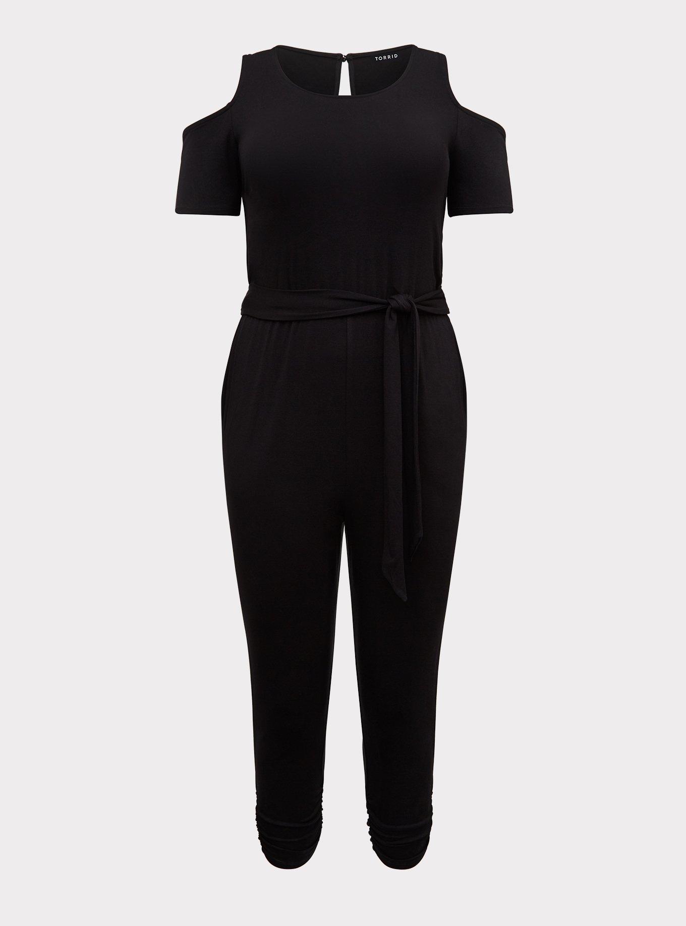 Black Jersey Self Tie Cold Shoulder Jumpsuit, DEEP BLACK, hi-res