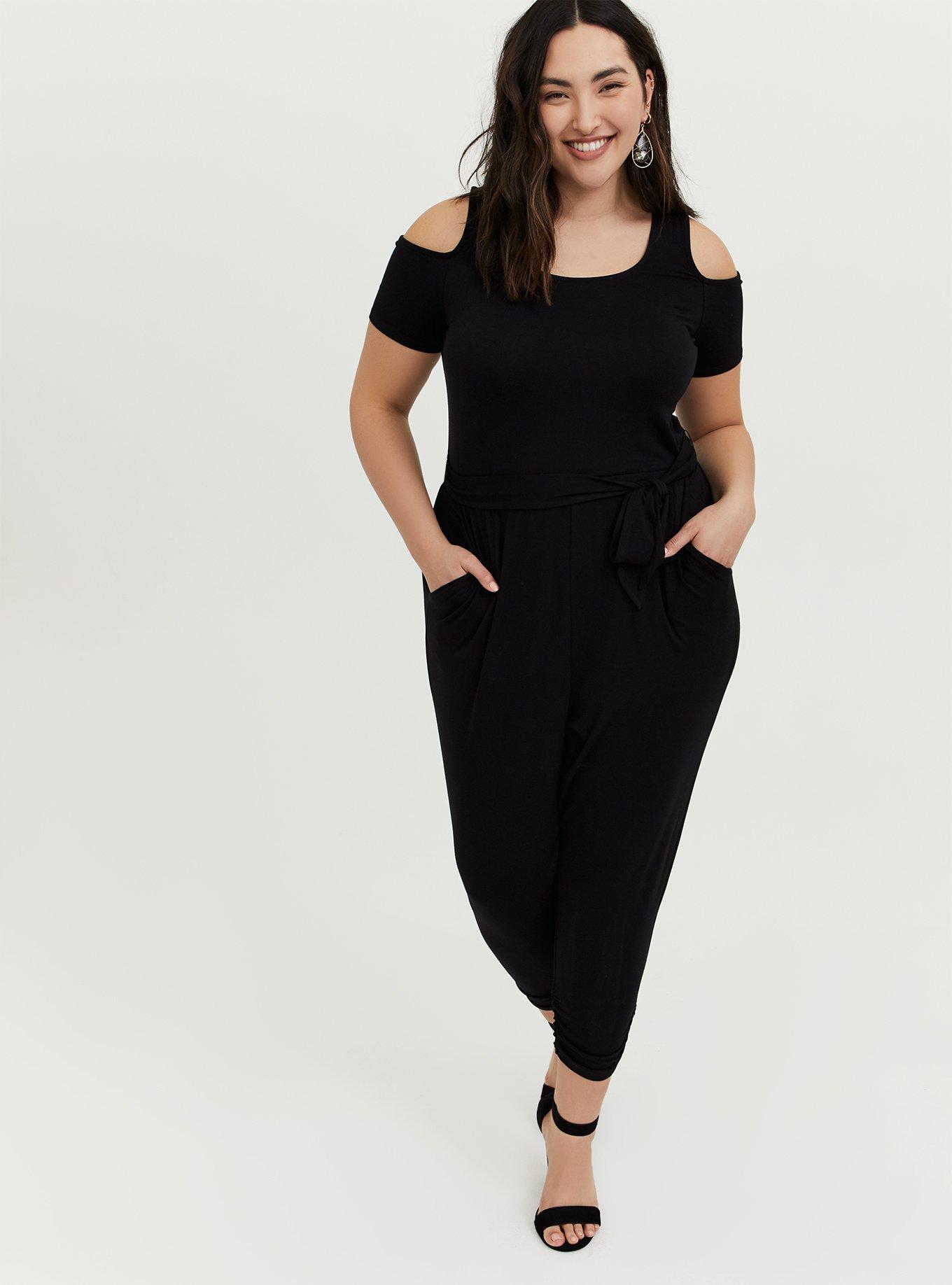 Black Jersey Self Tie Cold Shoulder Jumpsuit, DEEP BLACK, hi-res