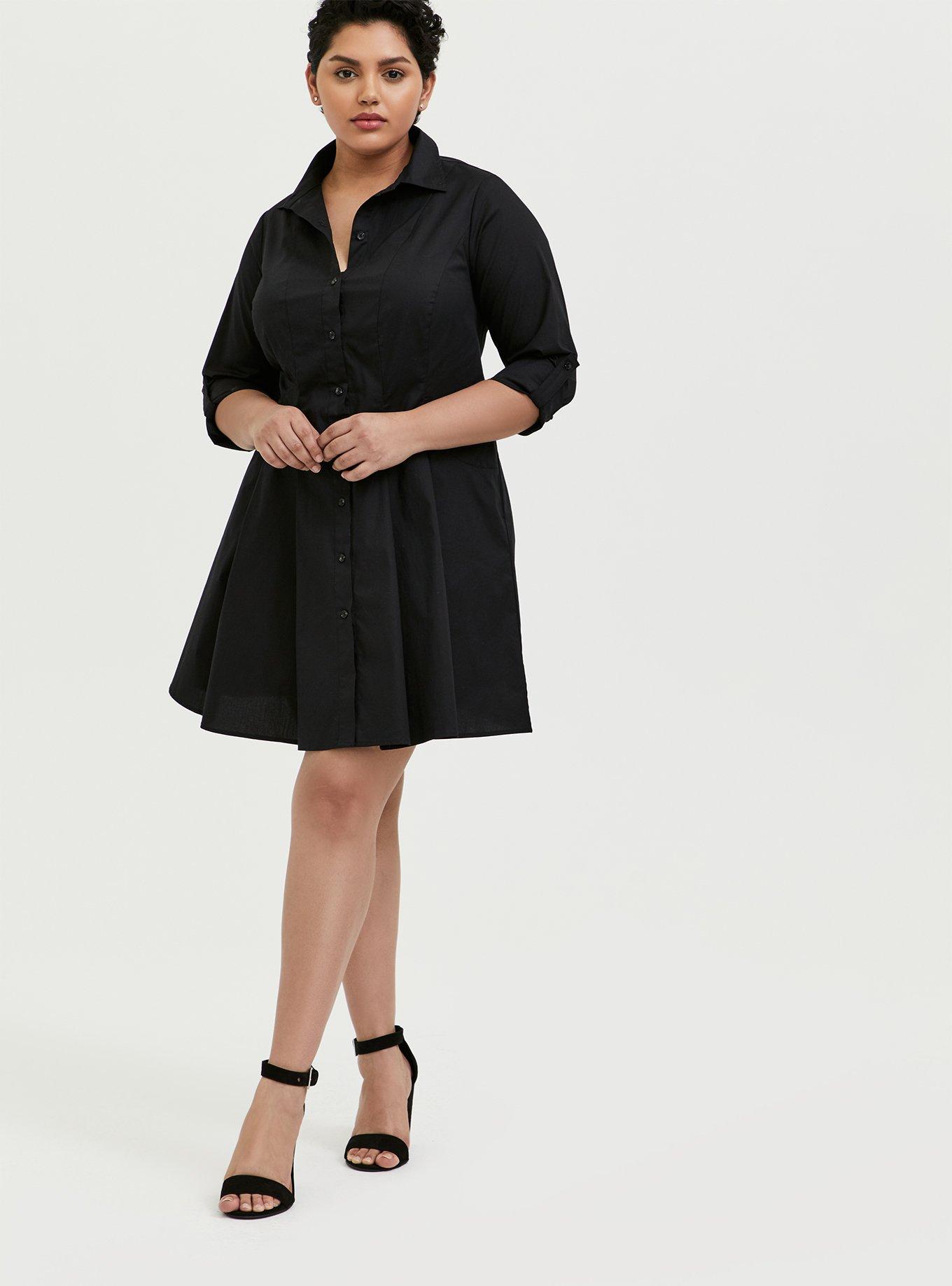 Plus Size - Black Poplin Button-Front Fit & Flare Shirt Dress - Torrid
