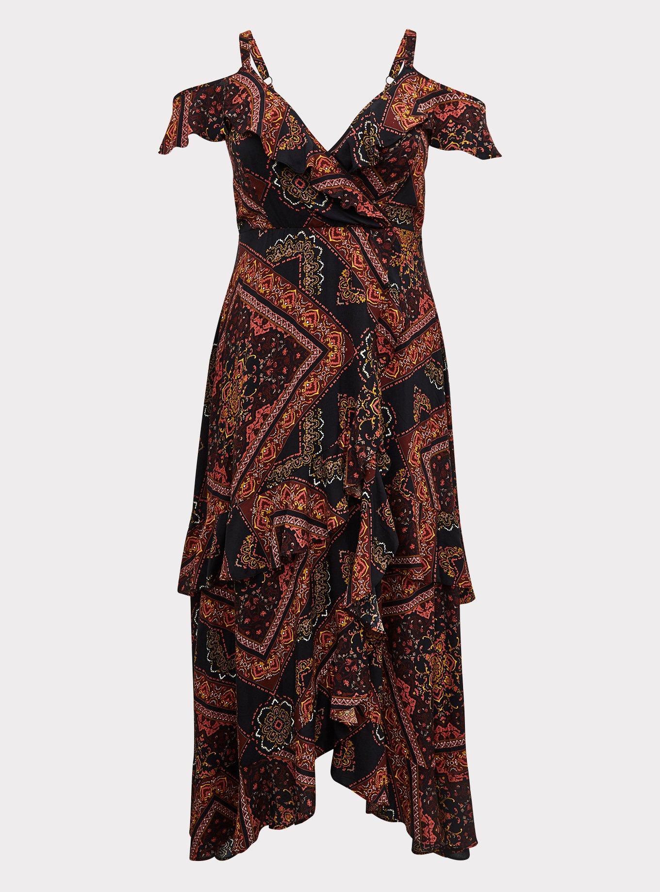 Scarf Print Challis Cold Shoulder Maxi Dress, , hi-res