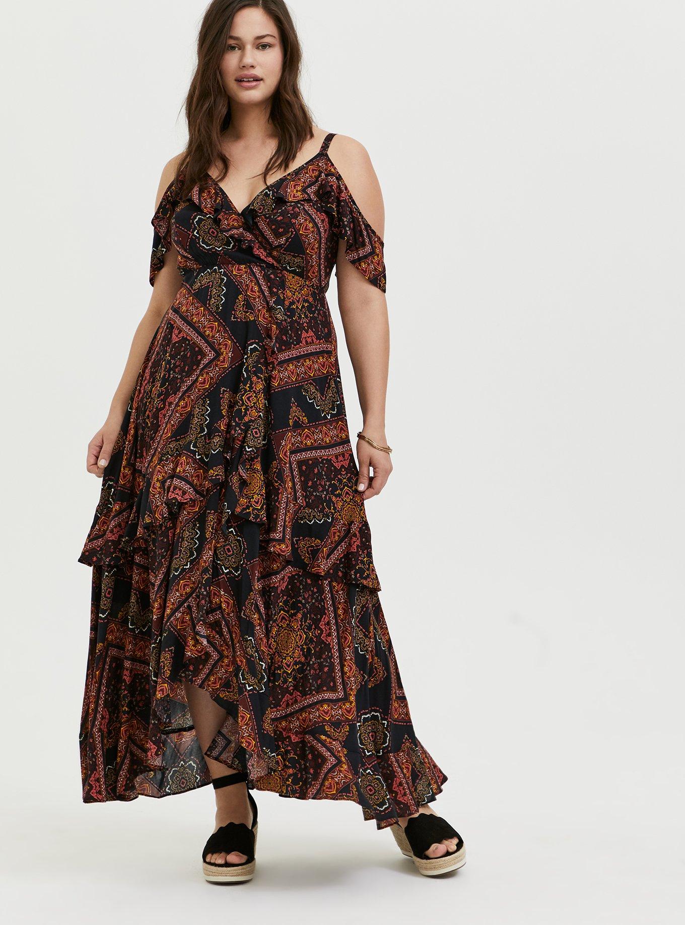 Scarf Print Challis Cold Shoulder Maxi Dress, , hi-res