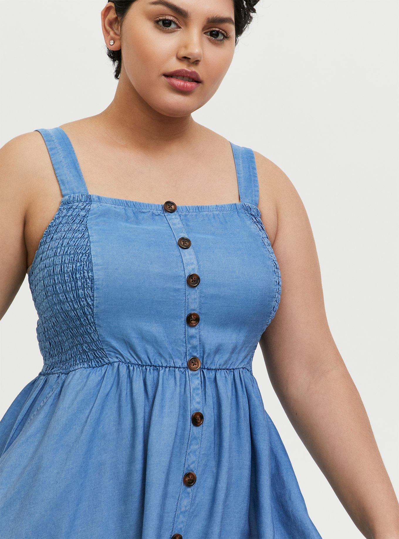 Plus Size - Denim Button Pinafore Midi Dress - Torrid