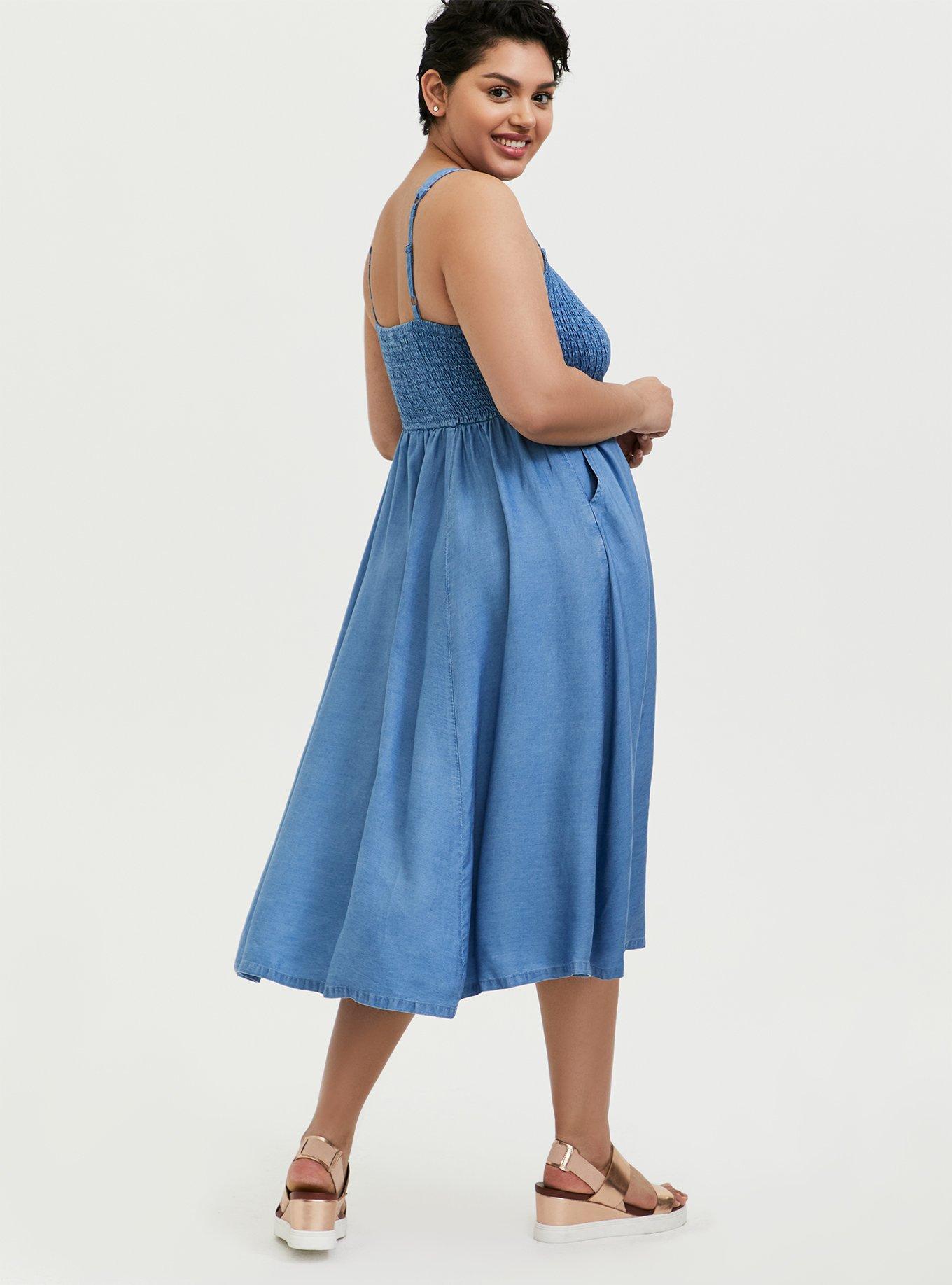 Plus Size - Denim Button Pinafore Midi Dress - Torrid