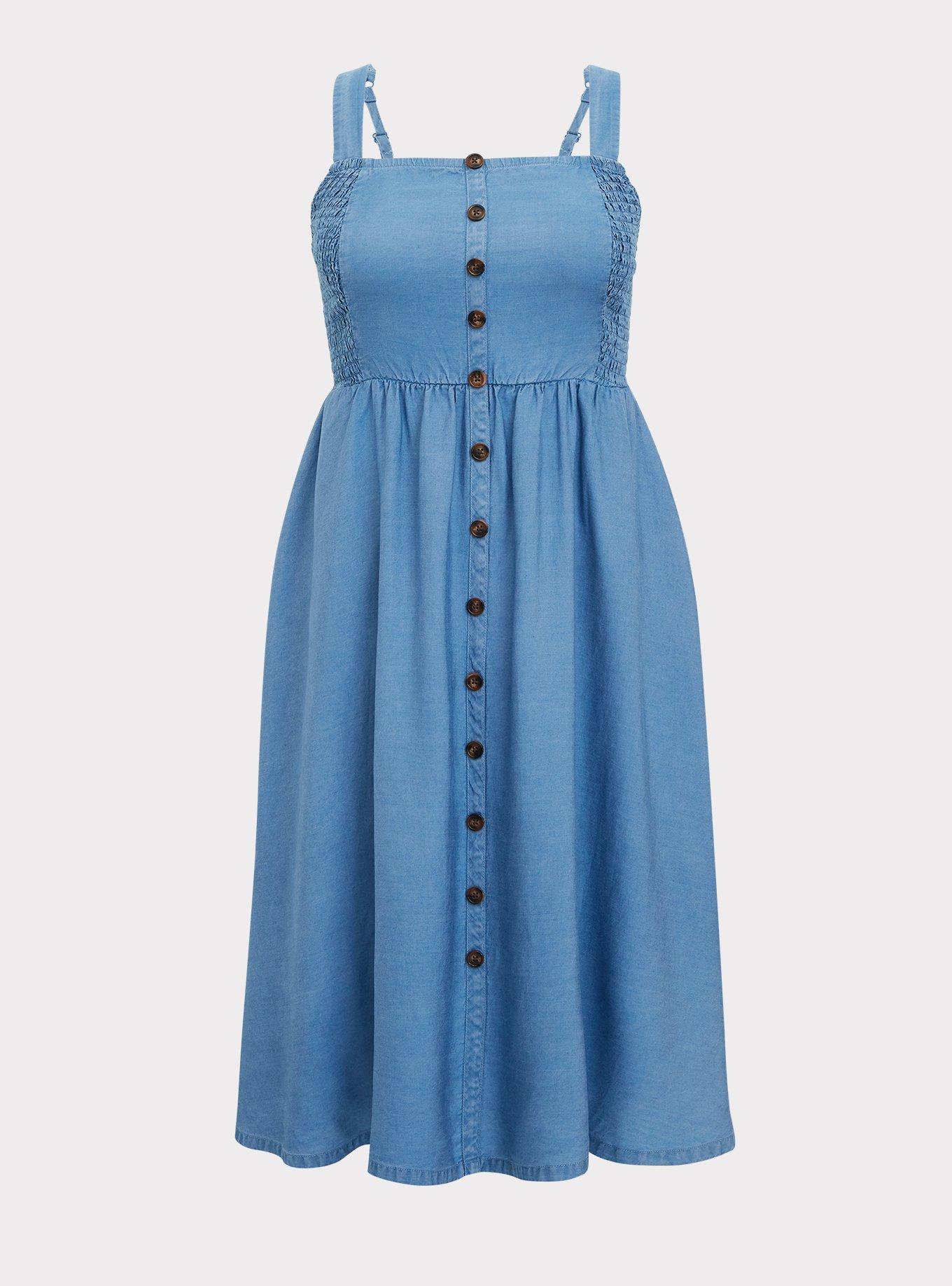 Denim Button Pinafore Midi Dress, , hi-res