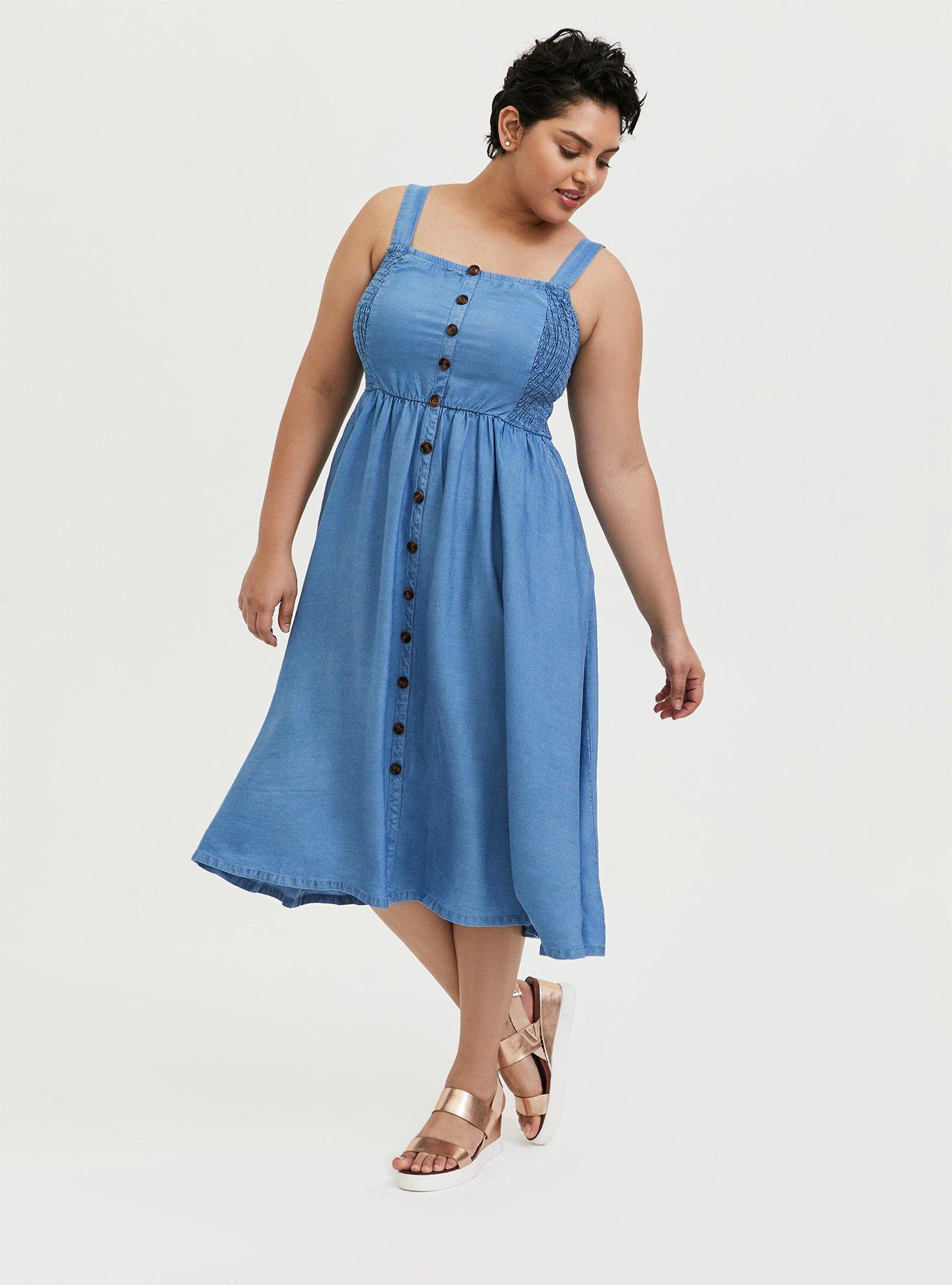 Denim Button Pinafore Midi Dress, , hi-res