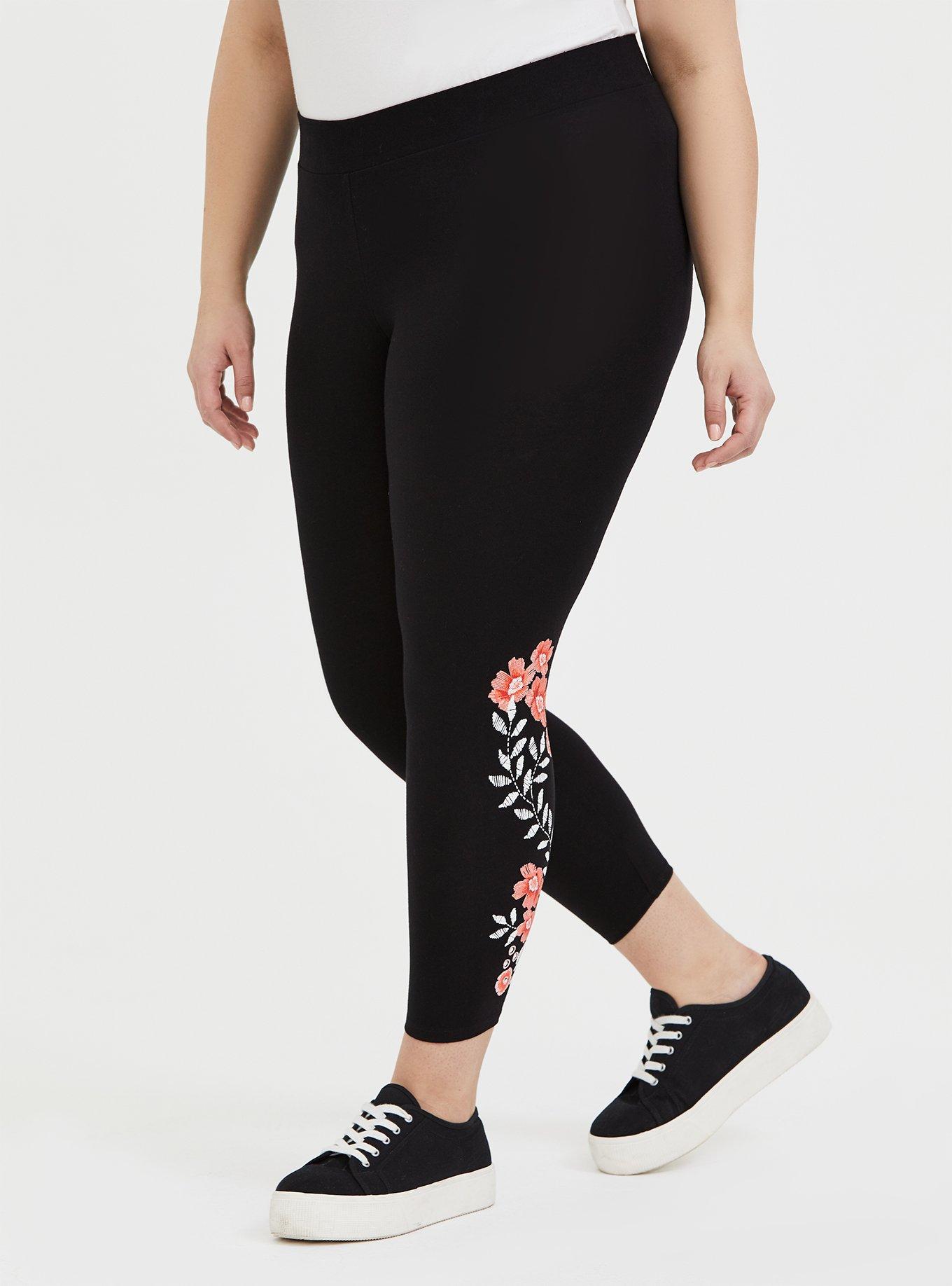 Plus Size Crop Premium Legging Floral Embroidered Print Black Torrid