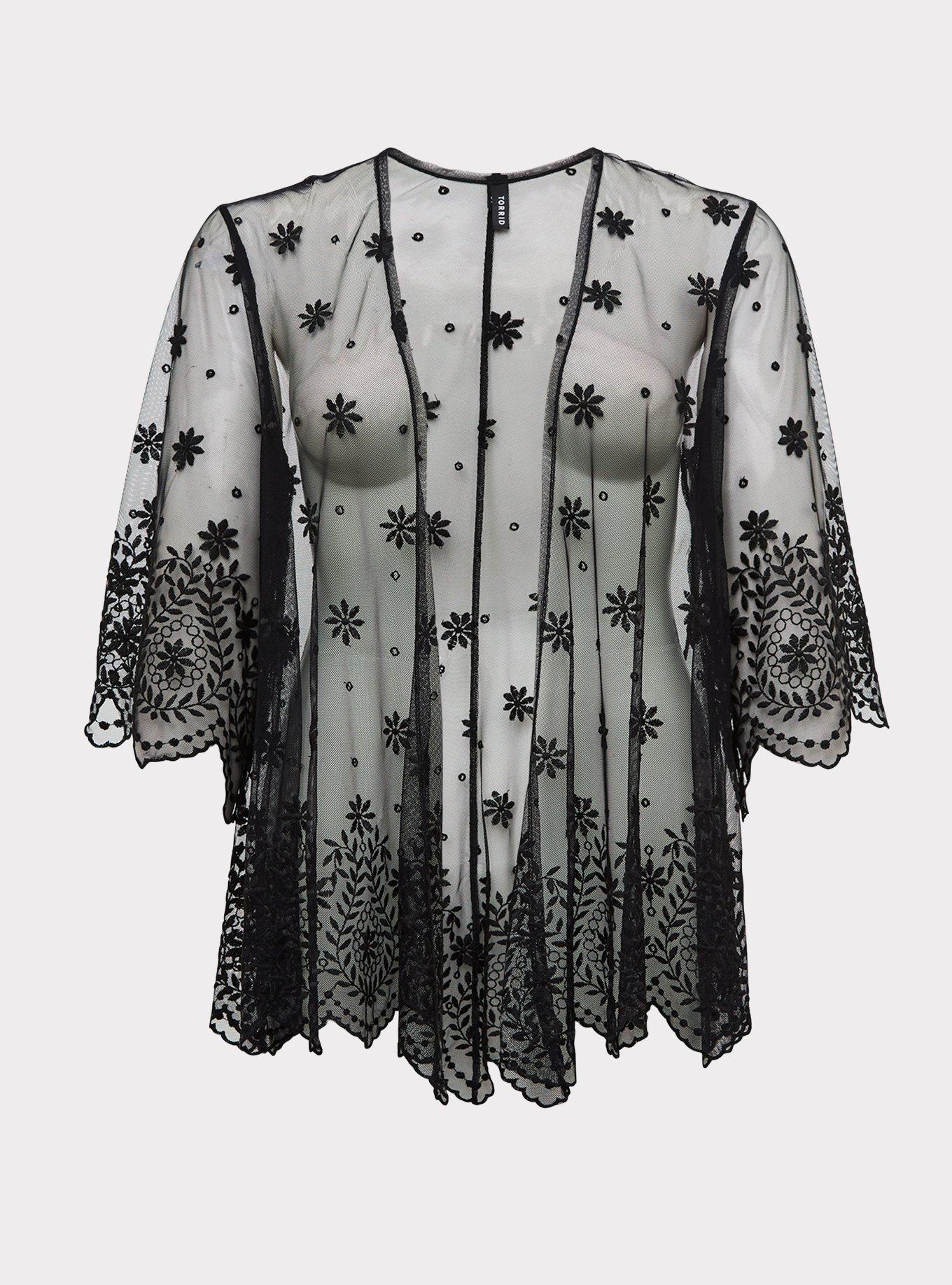 Black Embroidered Mesh Kimono, , hi-res