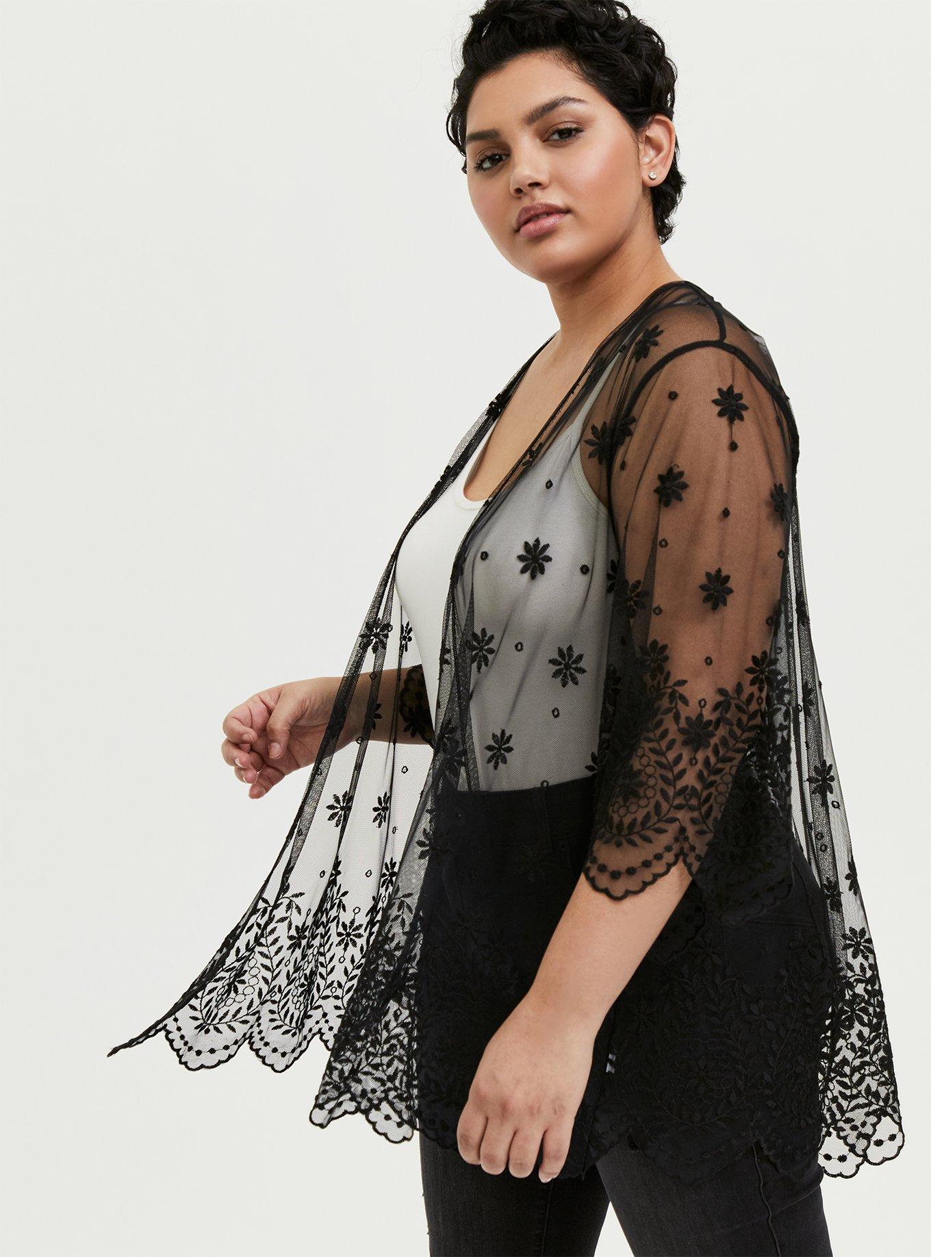 Black Embroidered Mesh Kimono, , hi-res