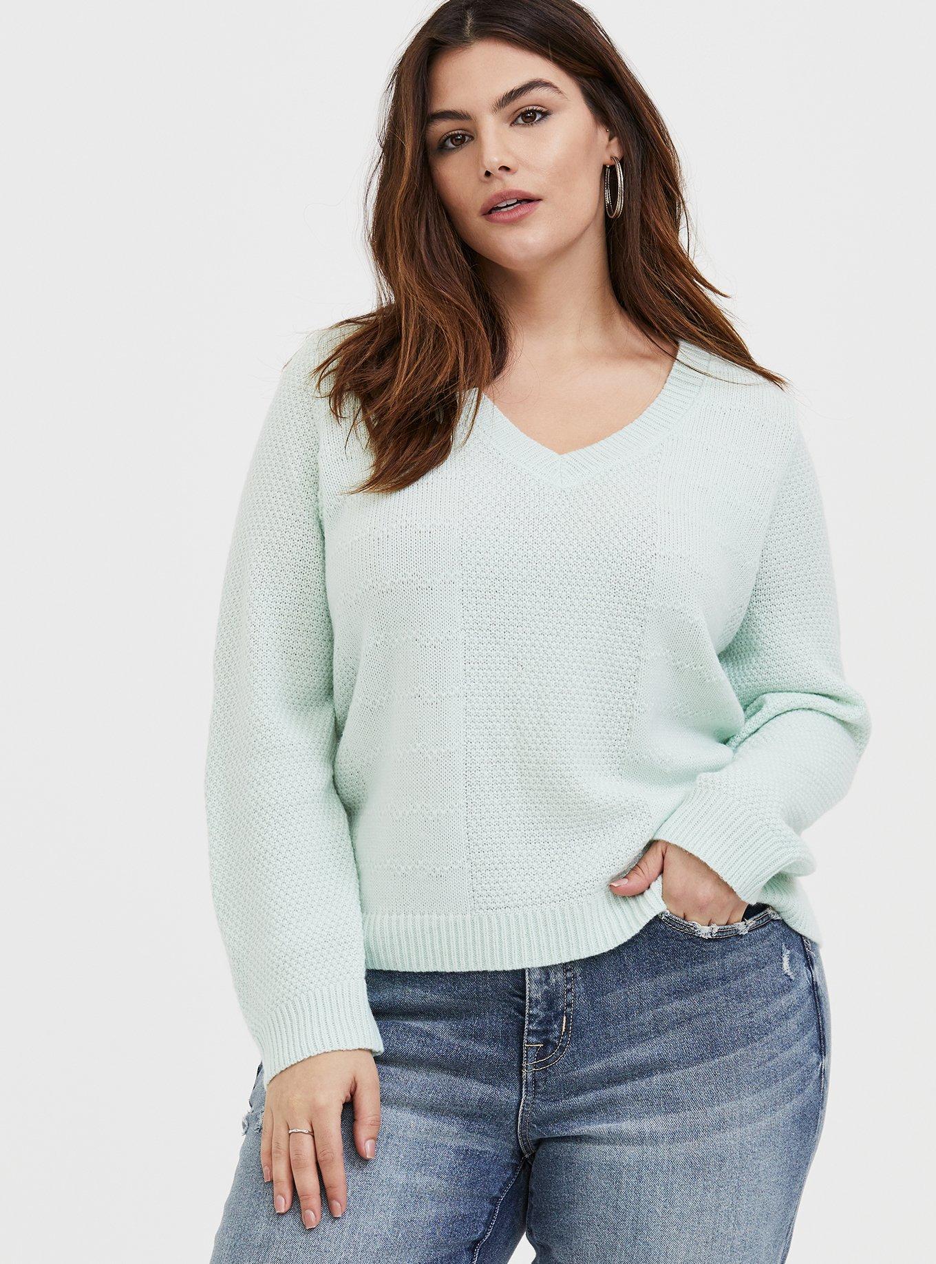 Mint Green V-Neck Midi Pullover Sweater , MOONLIGHT JADE, hi-res