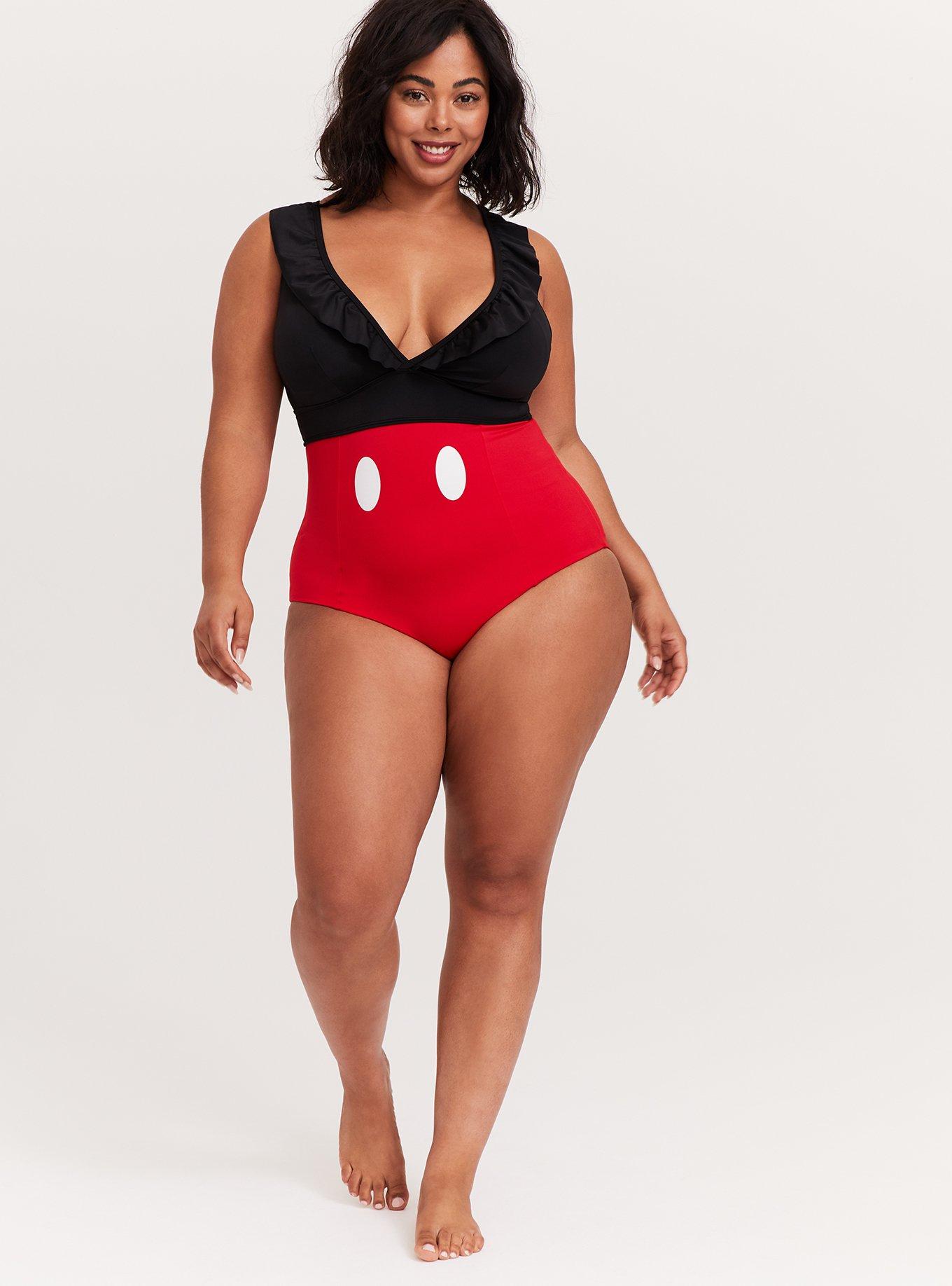 Plus Size - Disney Mickey Mouse Black & Red Ruffle Wireless One-Piece  Swimsuit - Torrid