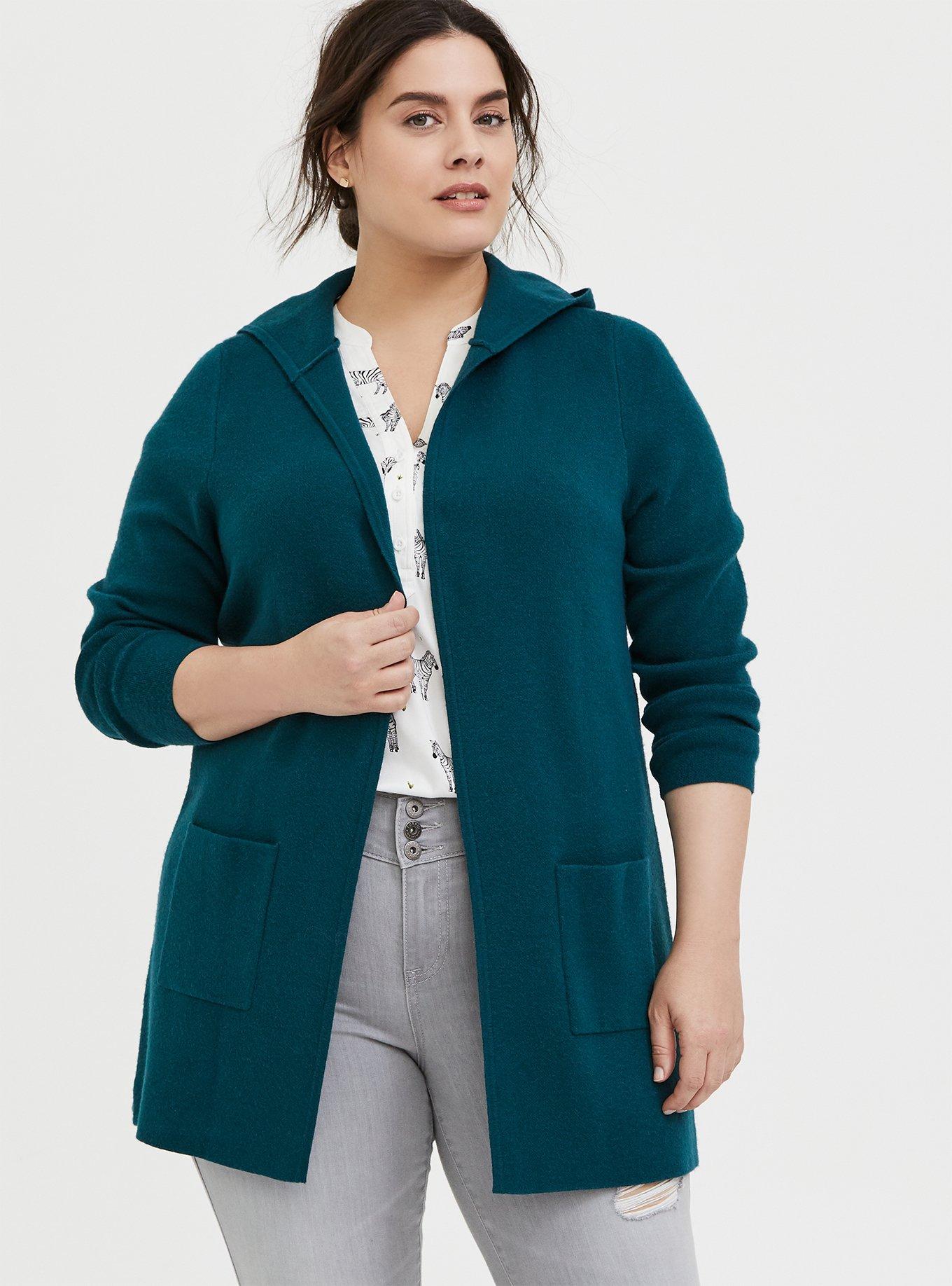 Plus Size Dark Teal Open Front Hooded Cardigan Torrid