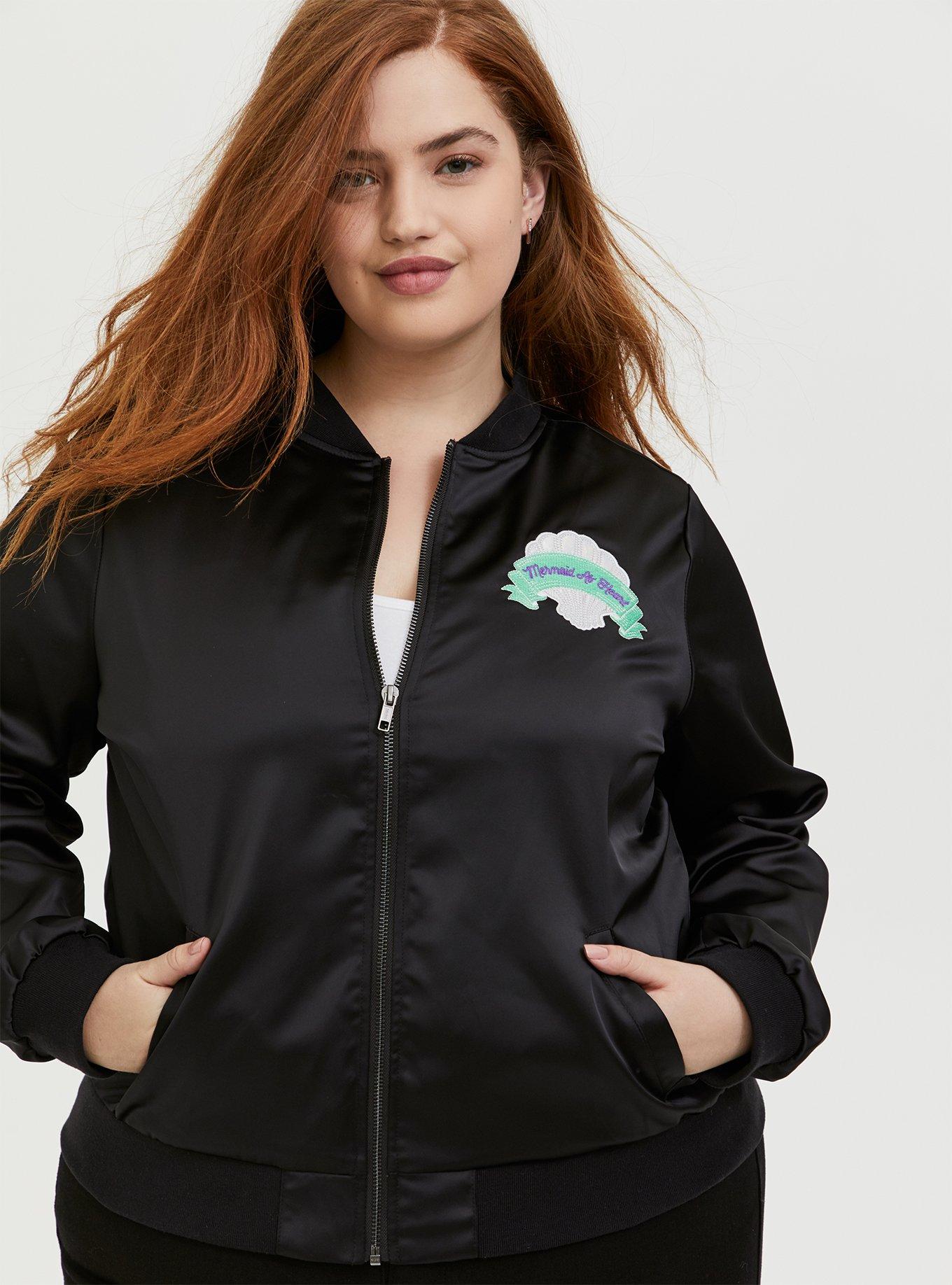 Plus Size Her Universe Disney The Little Mermaid Ariel Black Satin Bomber Jacket, DEEP BLACK, alternate