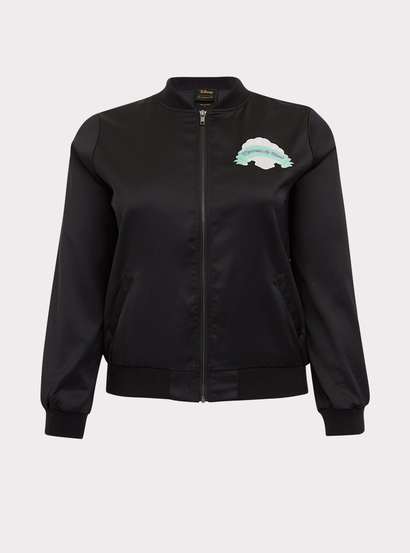 Plus Size Her Universe Disney The Little Mermaid Ariel Black Satin Bomber Jacket, DEEP BLACK, hi-res