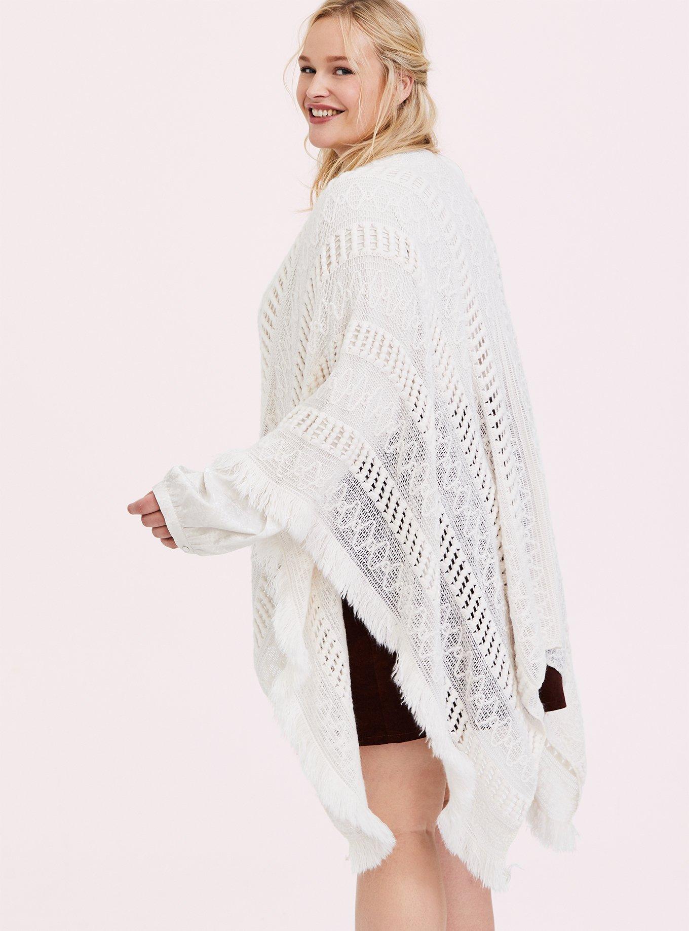 Plus Size - Ivory Open Knit Fringe Ruana - Torrid