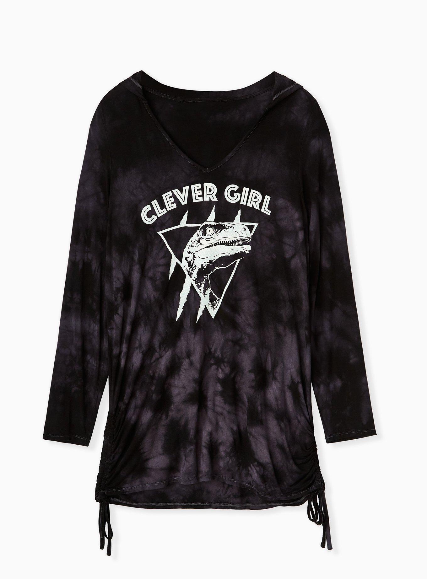 Plus Size - Jurassic Park Clever Girl Glow Graphic & Black Tie-Dye Tunic  Hoodie - Torrid