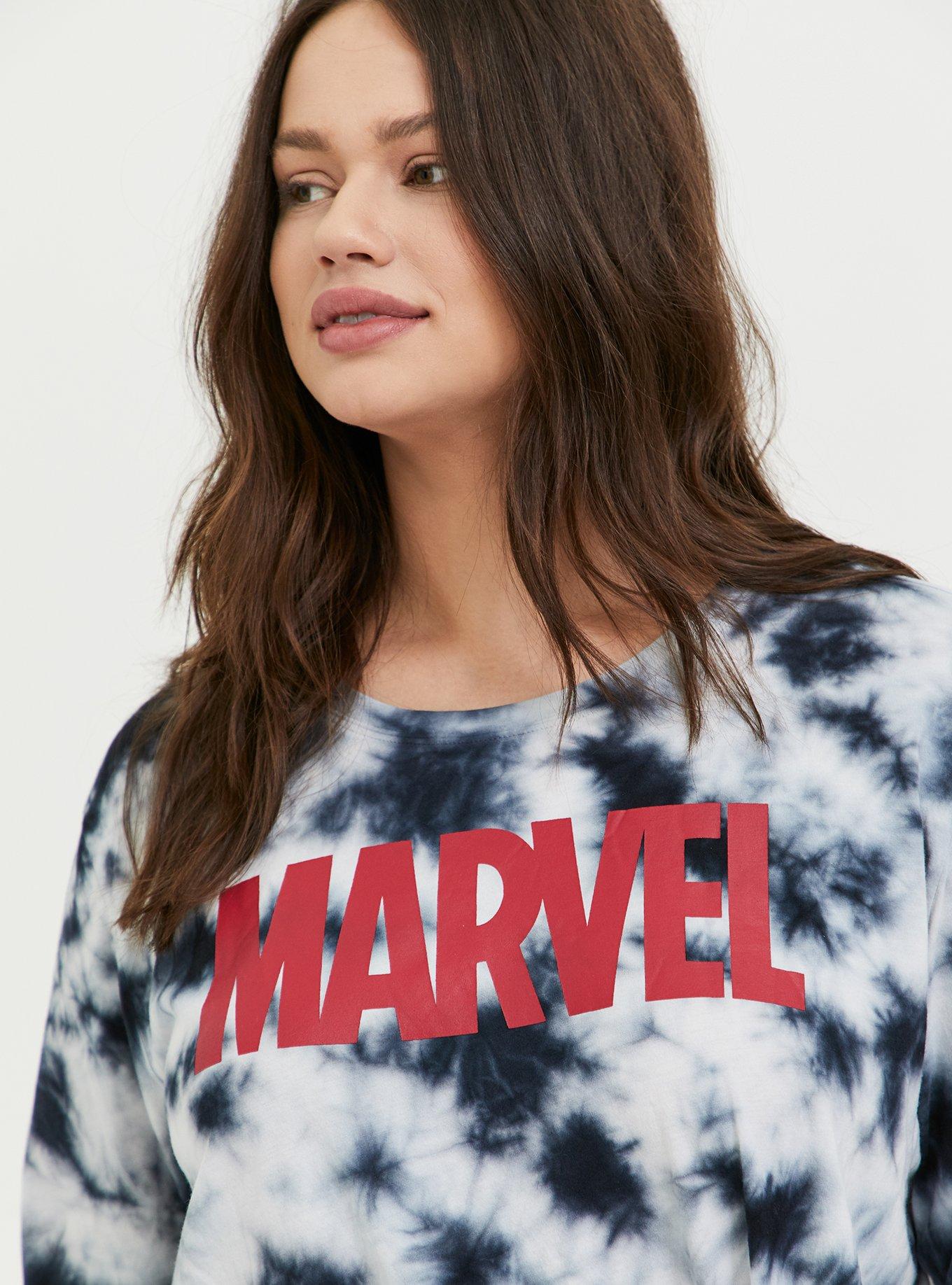 Her Universe Marvel Logo Black Tie-Dye Knot Front Long Sleeve Top, GREY, alternate