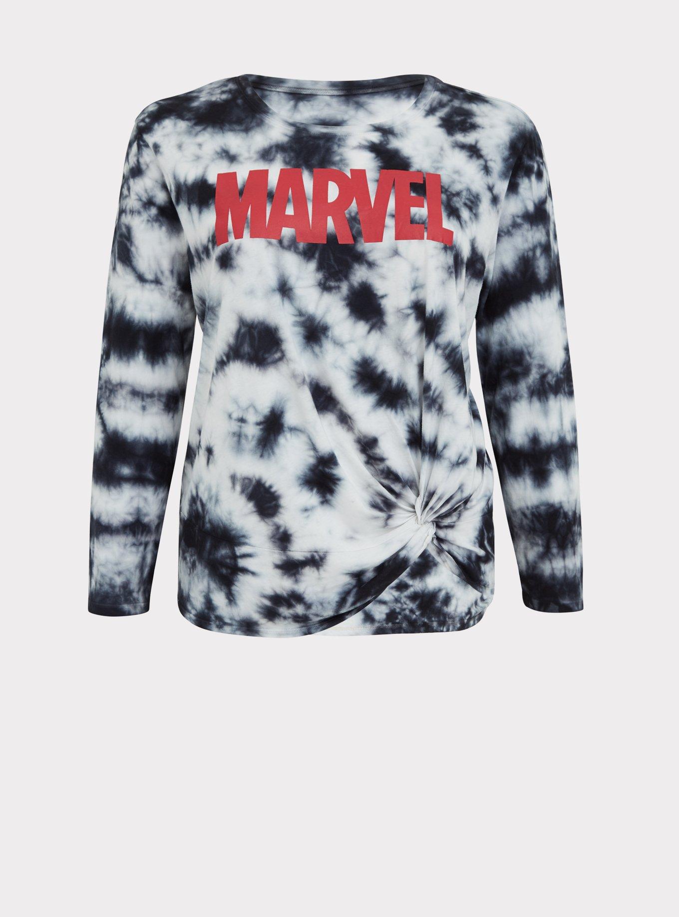 Her Universe Marvel Logo Black Tie-Dye Knot Front Long Sleeve Top, GREY, hi-res