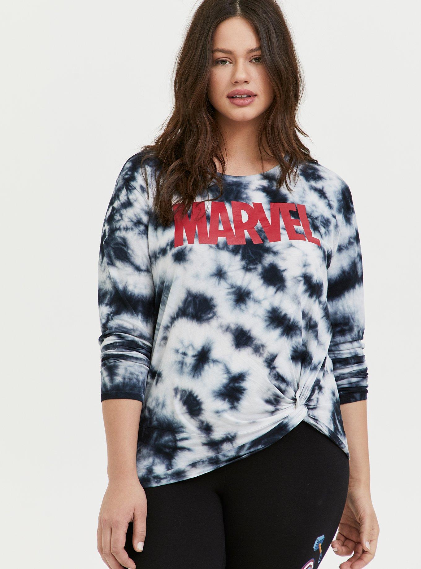 Her Universe Marvel Logo Black Tie-Dye Knot Front Long Sleeve Top, GREY, hi-res
