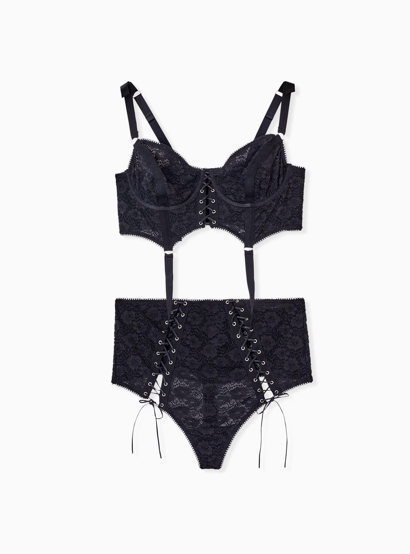 Black Lace Corset High Waist Thong Panty, RICH BLACK, alternate