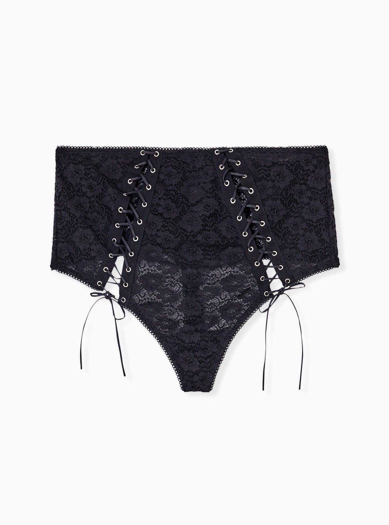Black Lace Corset High Waist Thong Panty, RICH BLACK, hi-res