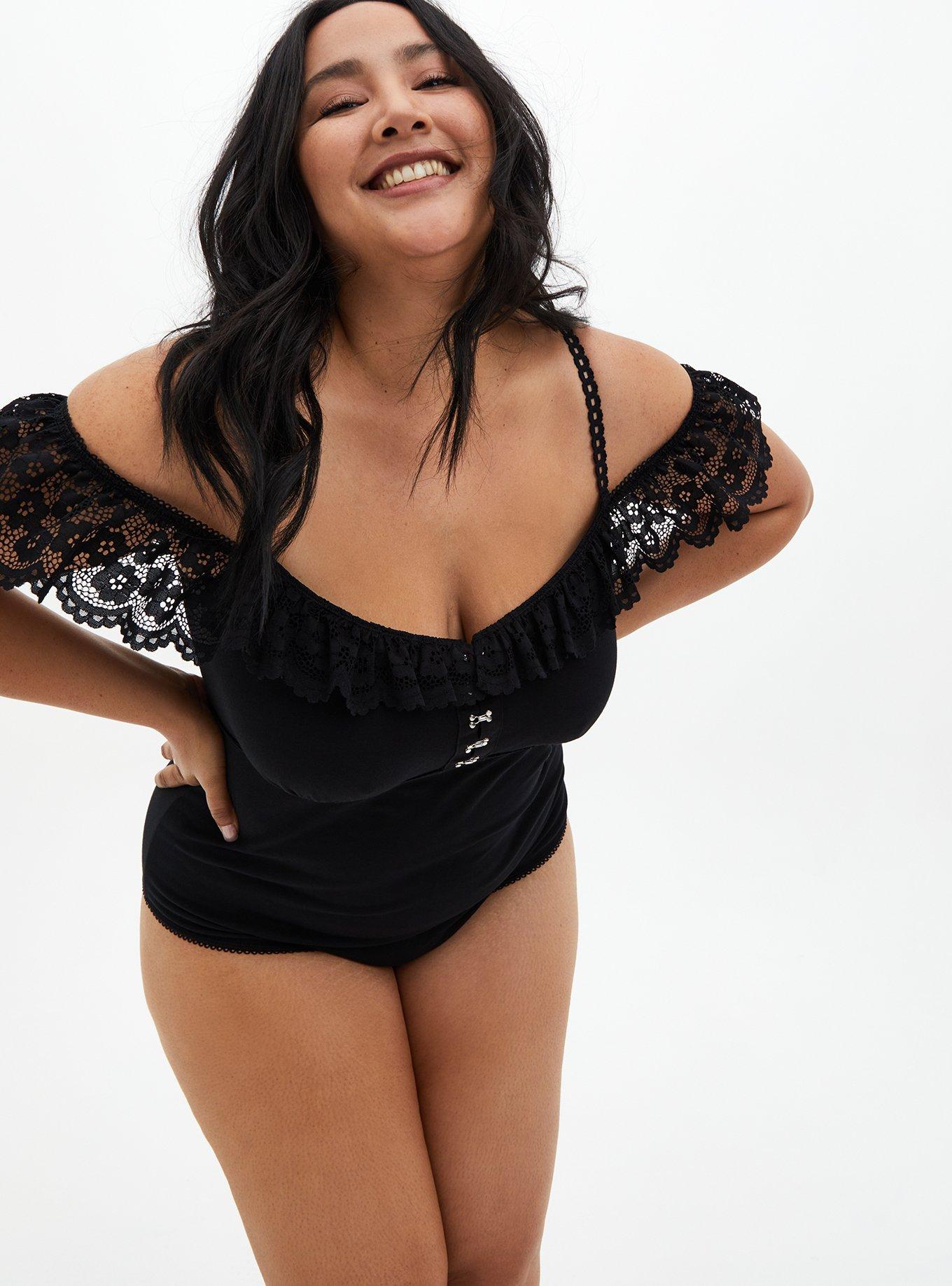 Plus Size - Black Lace Trim Cold Shoulder Bodysuit - Torrid