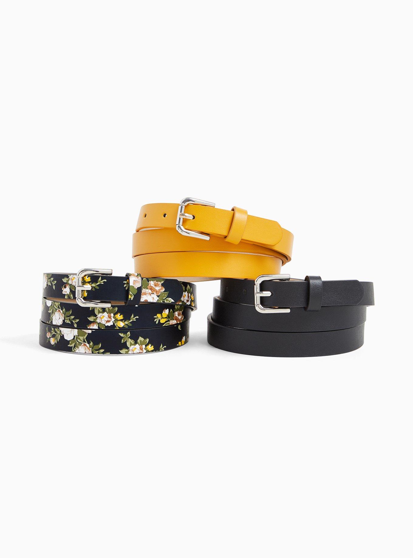 Black Floral Faux Leather Belt Pack - Pack of 3, , hi-res