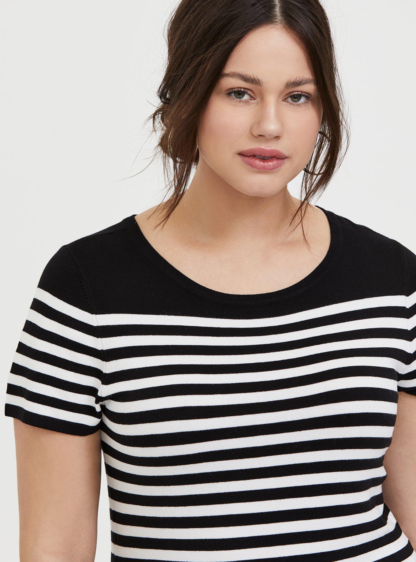 Black & White Stripe Sweater-Knit Short Shift Dress, DEEP BLACK, alternate