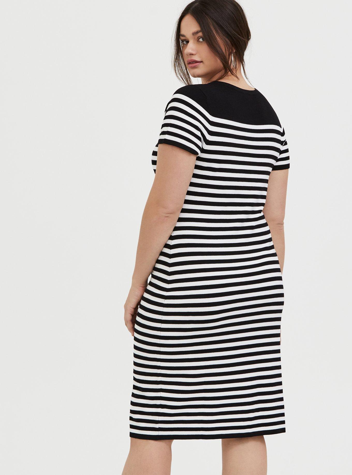 Black & White Stripe Sweater-Knit Short Shift Dress, DEEP BLACK, alternate