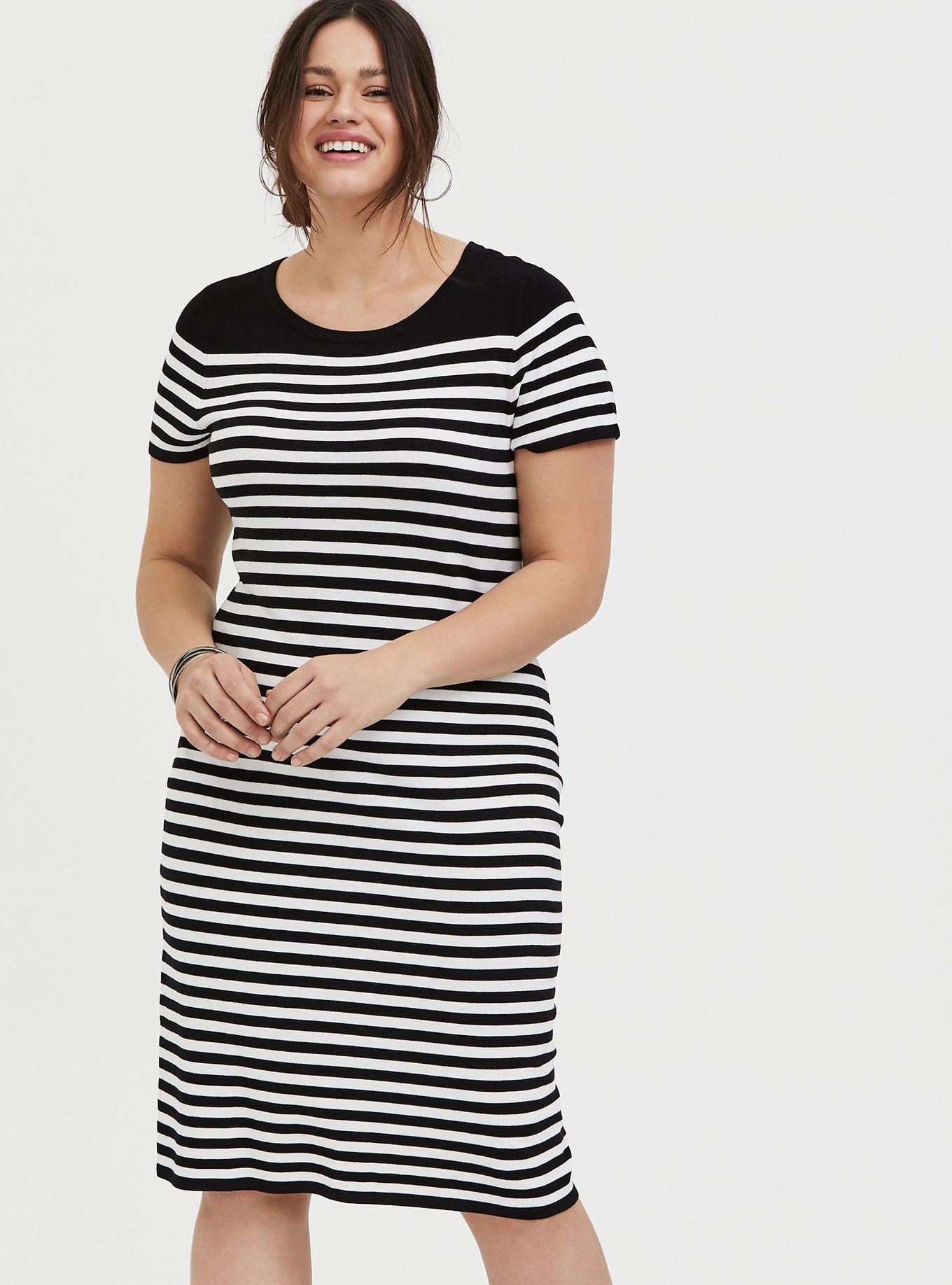 Plus Size - Black & White Stripe Sweater-Knit Short Shift Dress - Torrid