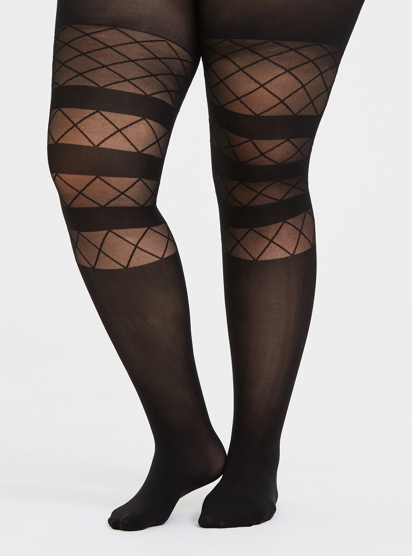 Plus Size Black Microfiber Stripe Mesh Diamond Tights Torrid