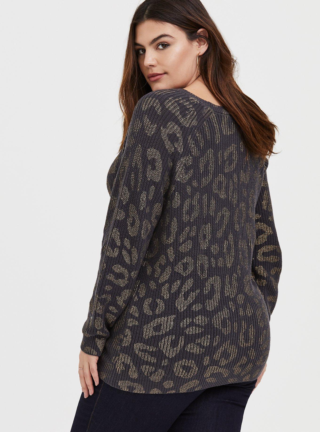 Dark Grey & Gold Foil Leopard Rib Pullover Sweater, LEOPARD, alternate