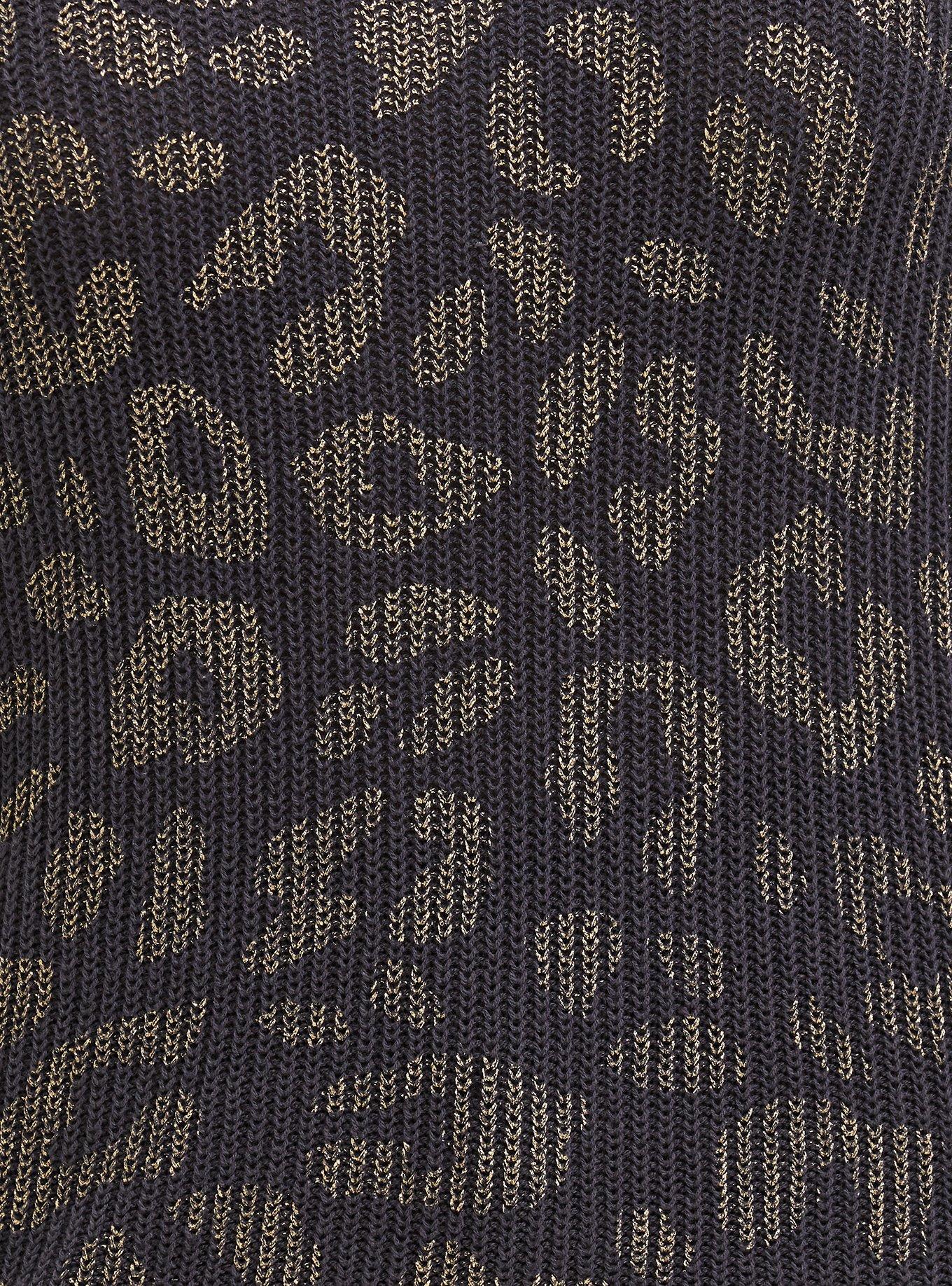 Dark Grey & Gold Foil Leopard Rib Pullover Sweater, LEOPARD, alternate