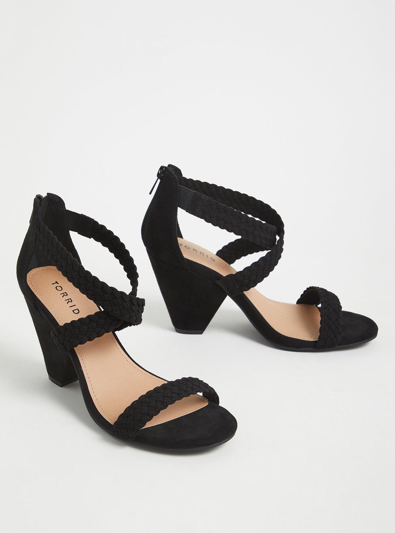 Plus Size Black Faux Suede Braided Strap Cone Heel (WW) , BLACK, alternate
