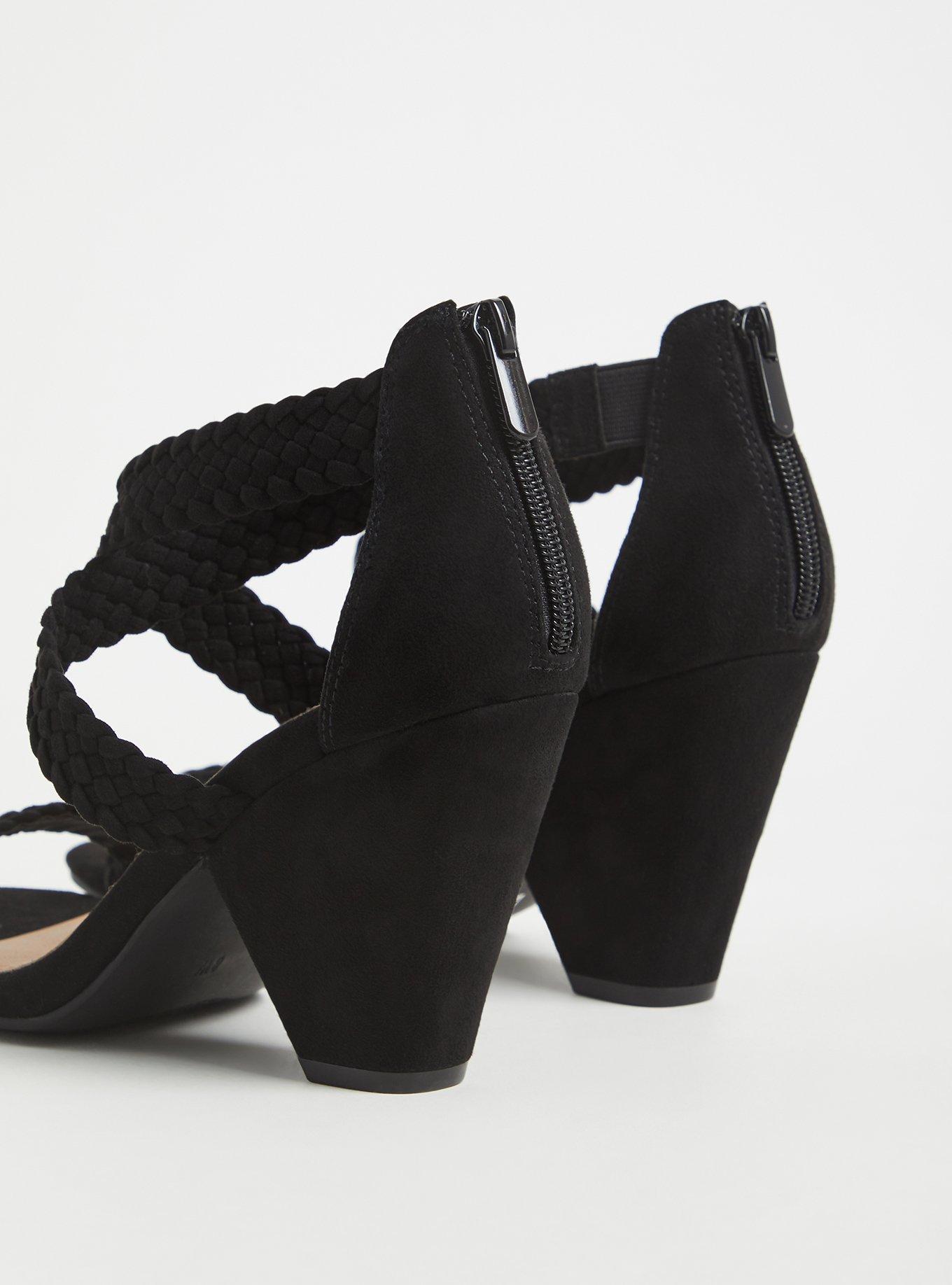 Plus Size Black Faux Suede Braided Strap Cone Heel (WW) , BLACK, alternate